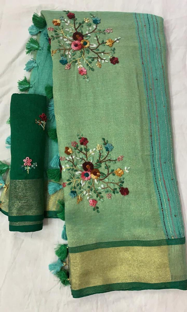Linen Embroidred Saree In Green