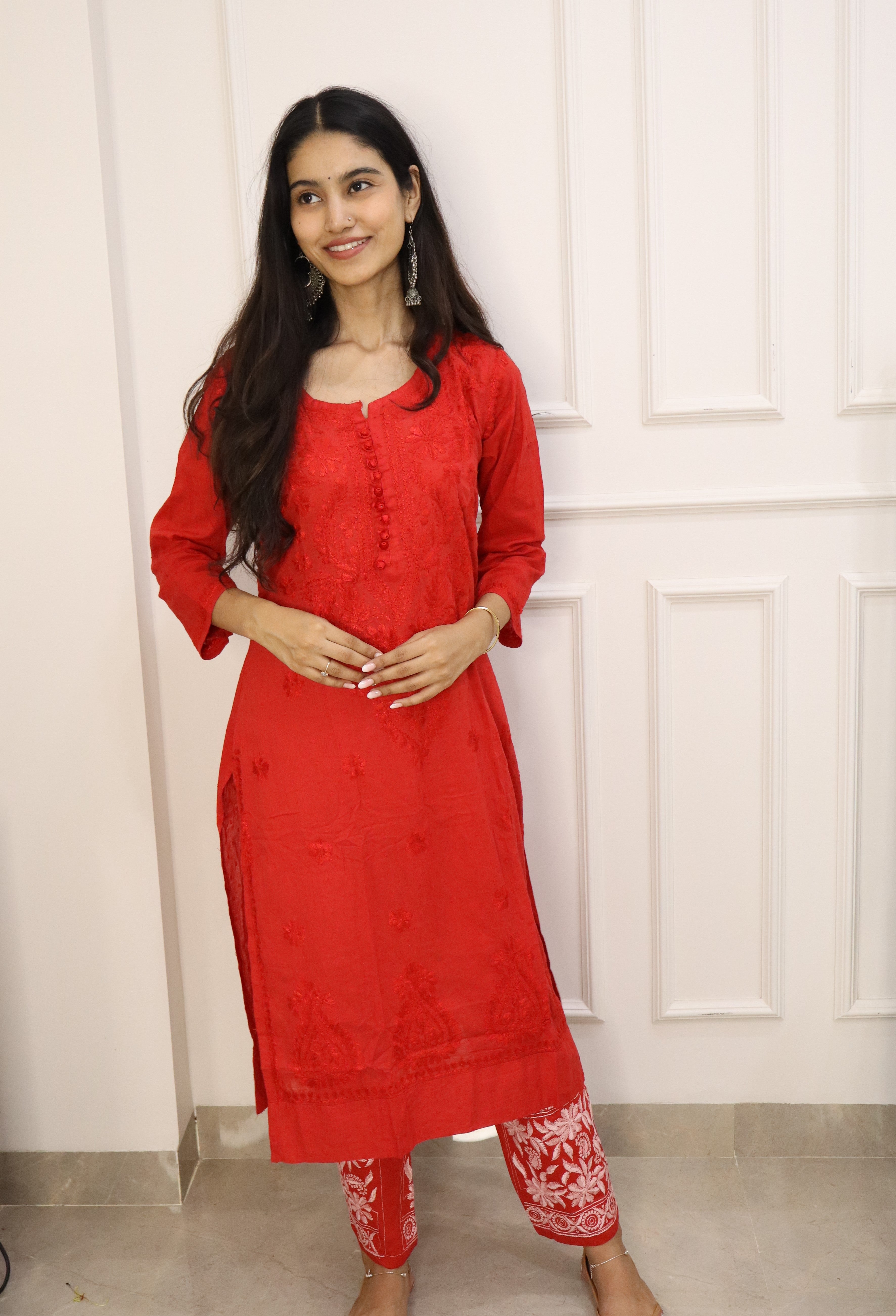 Red Chikankari cotton Kurti With Pant