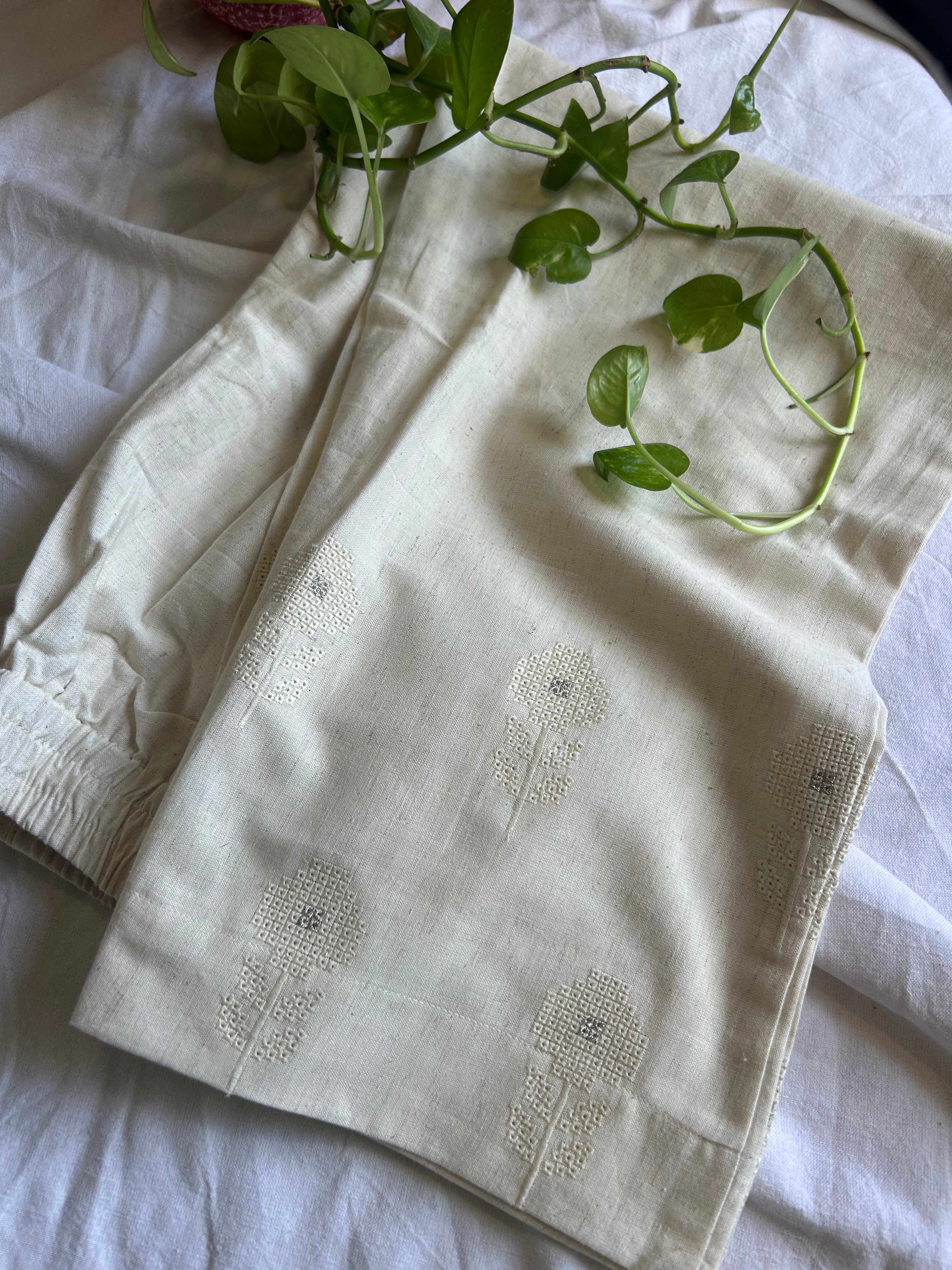 Cream Flower Embroidery Straight Pant In Cotton For Women