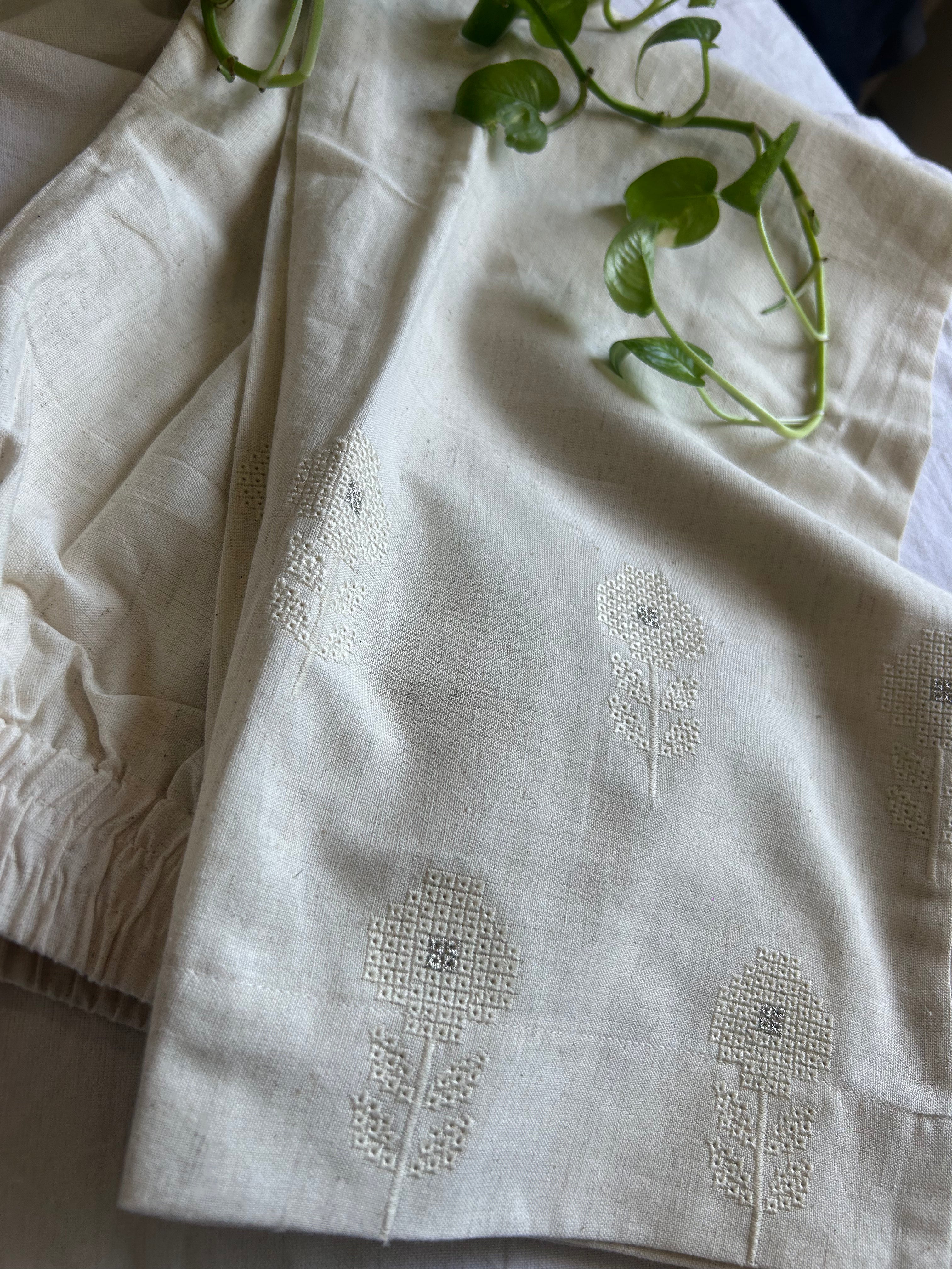 Cream Flower Embroidery Straight Pant In Cotton For Women