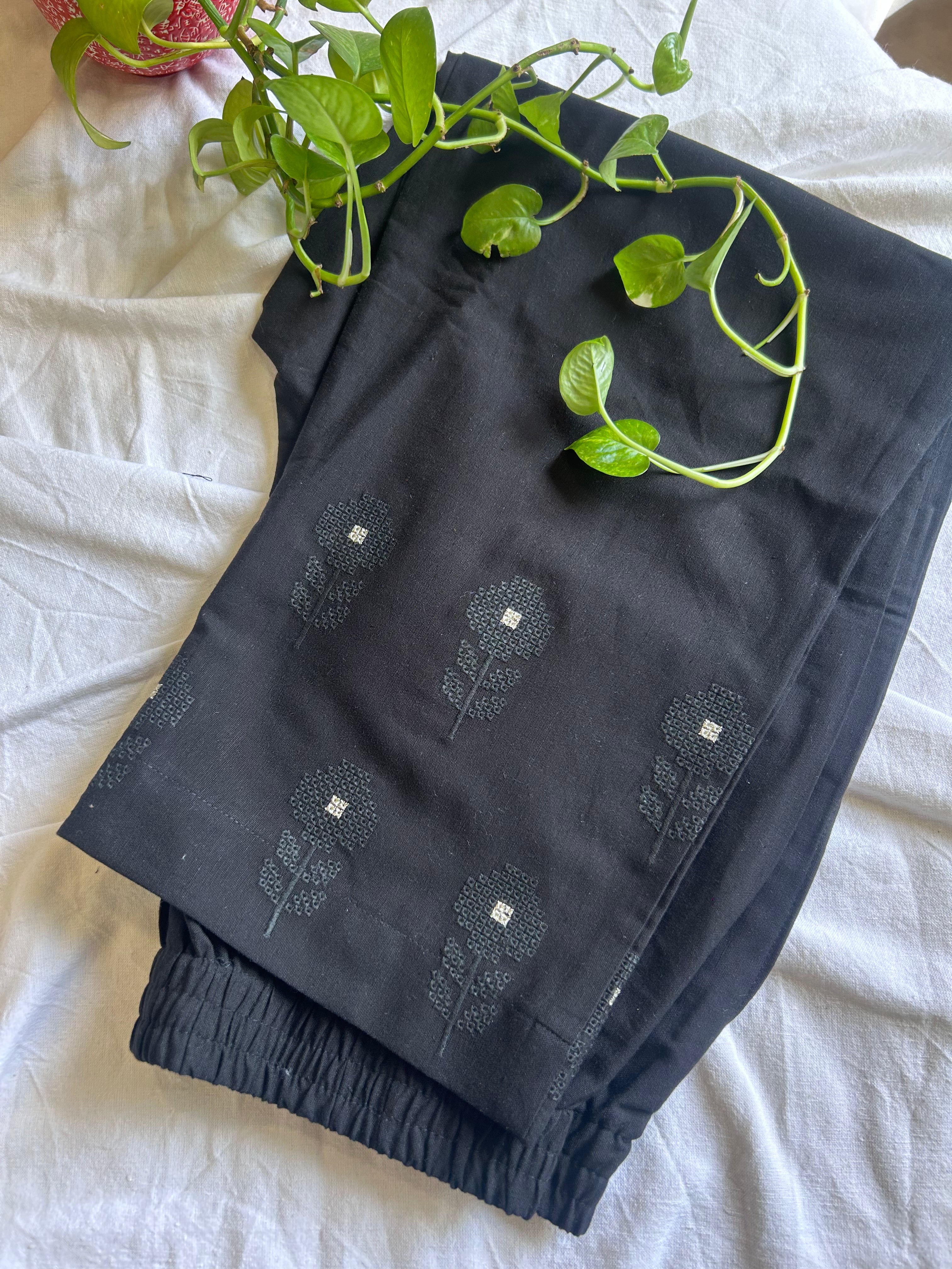 Black Flower Embroidery Straight Pant In Cotton For Women