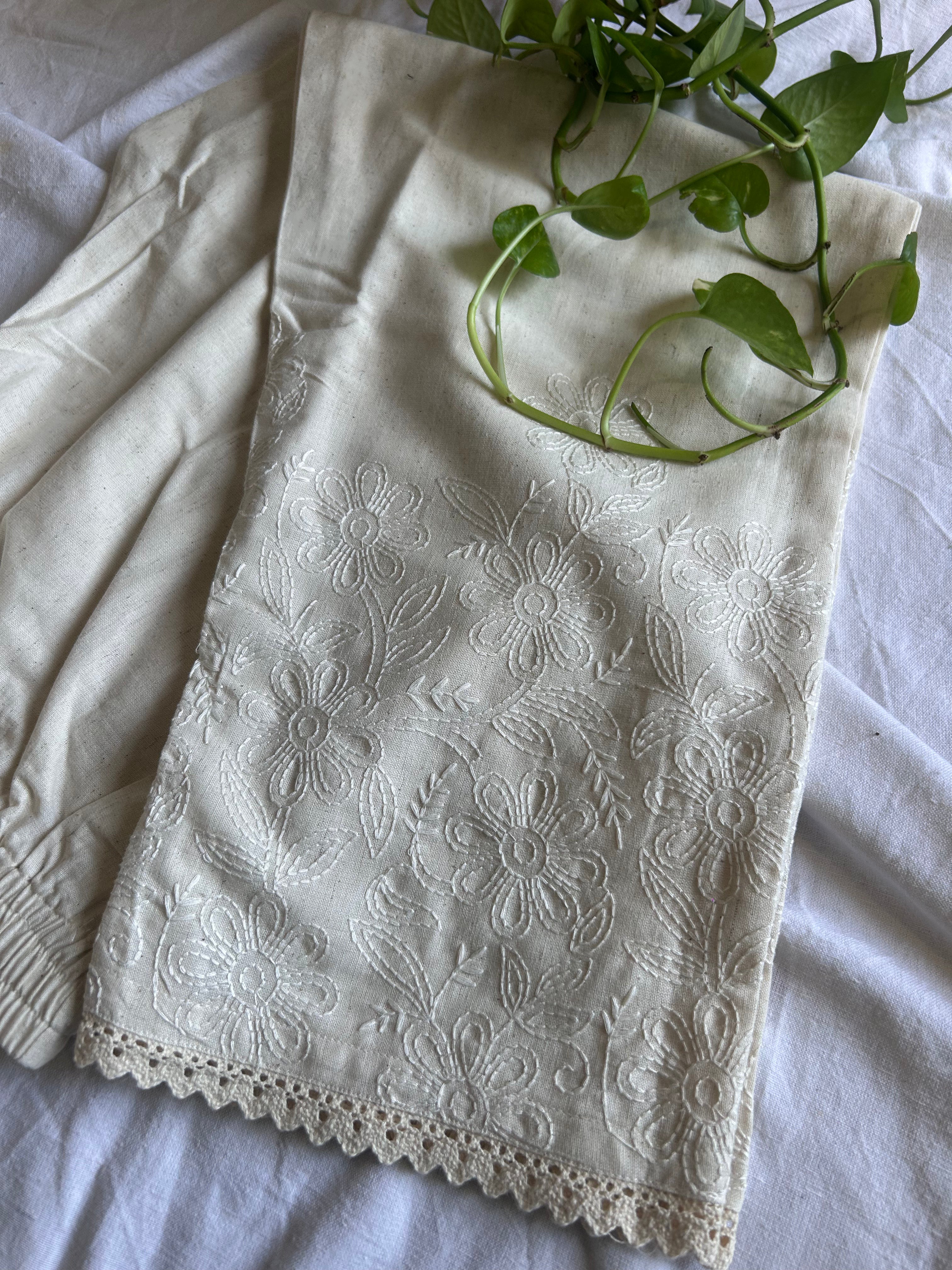 Cream Embroidery Straight Pant In Cotton For Women