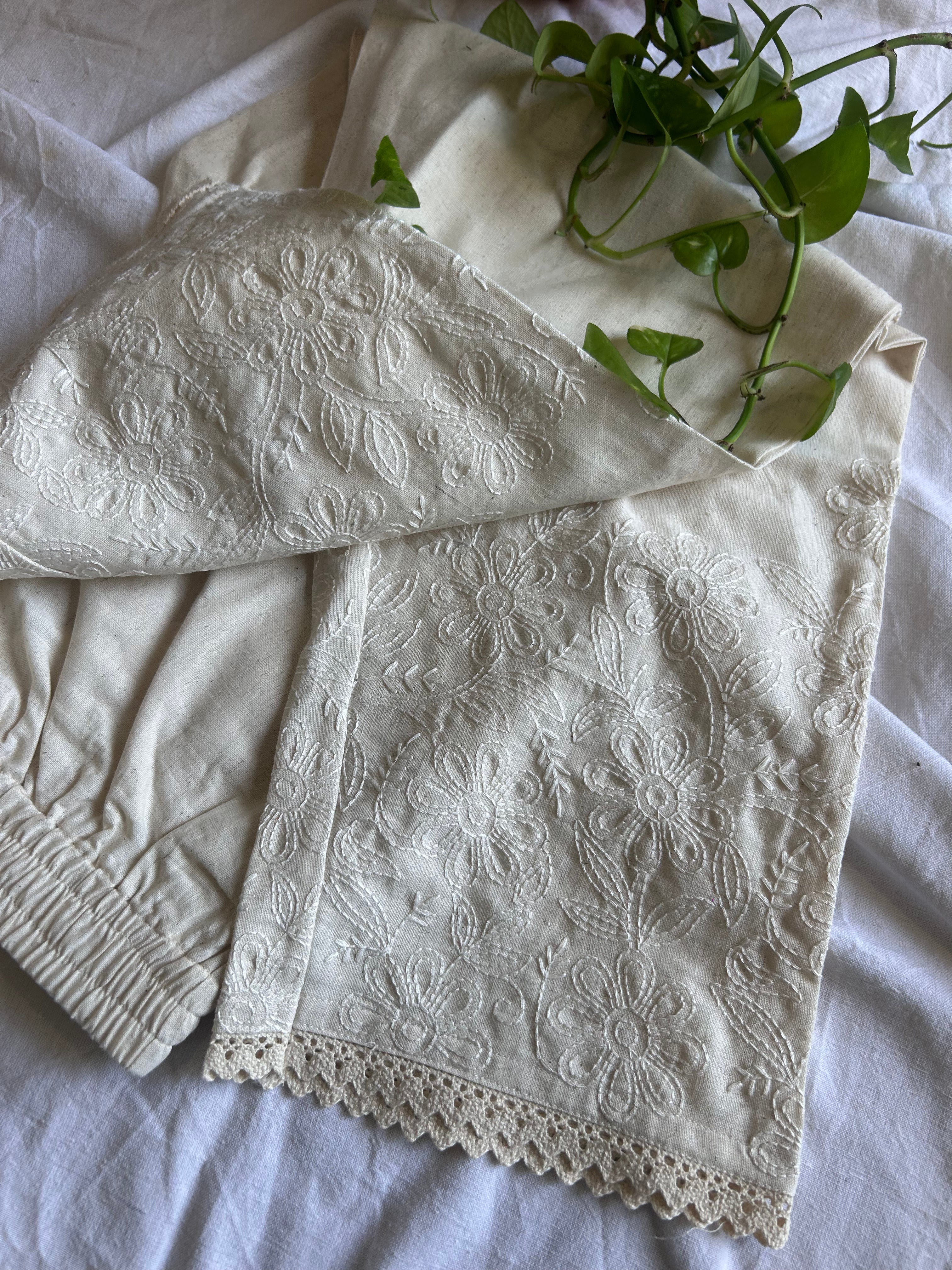 Cream Embroidery Straight Pant In Cotton For Women
