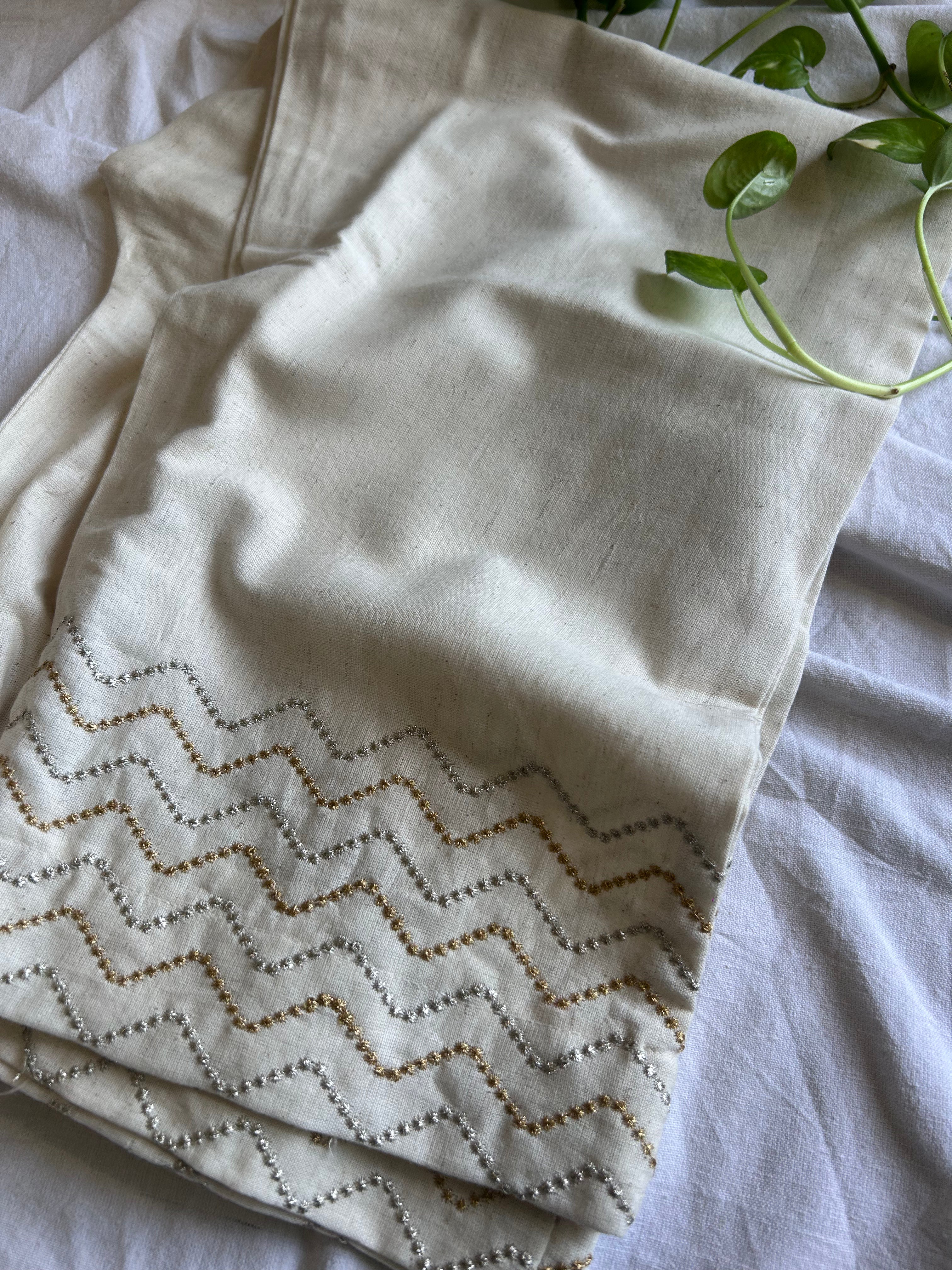 Cream Zig Zag Embroidery Straight Pant In Cotton For Women