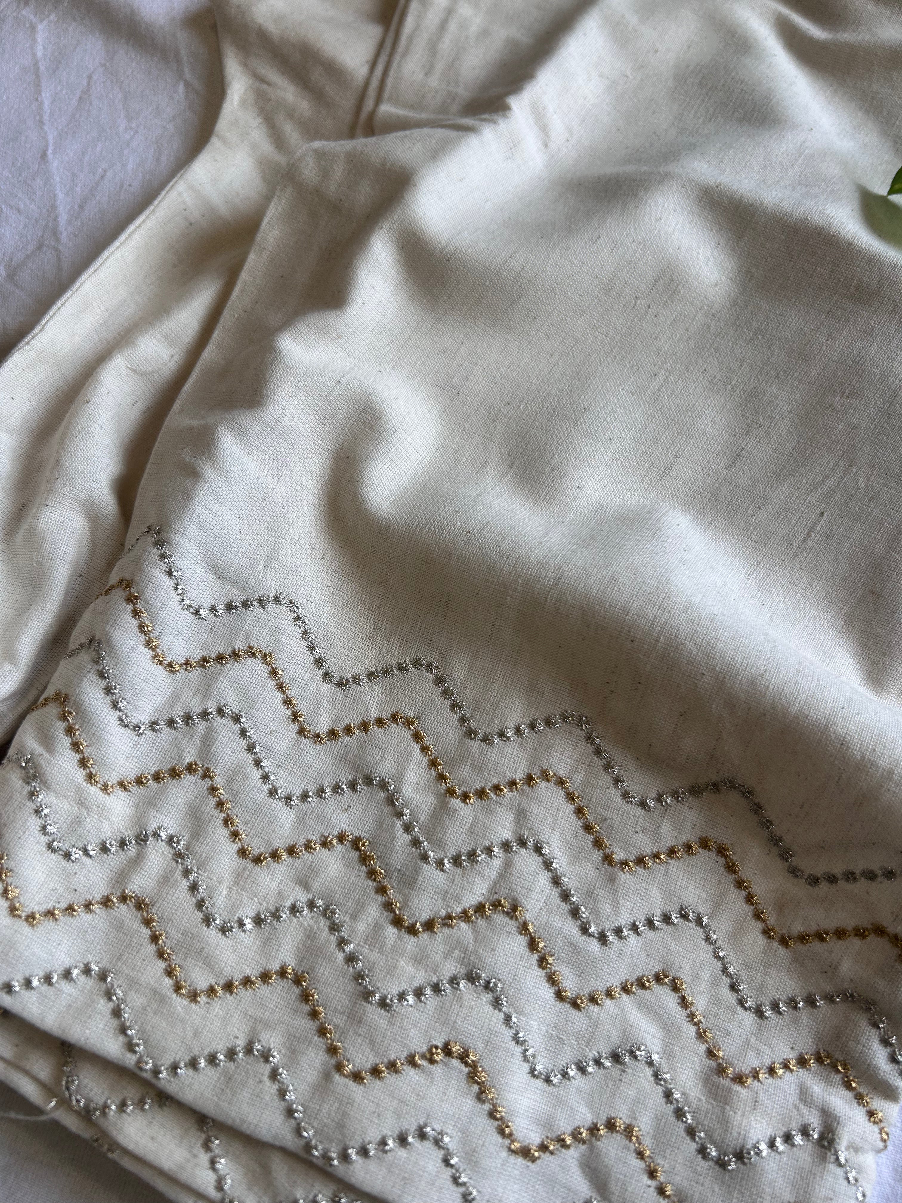 Cream Zig Zag Embroidery Straight Pant In Cotton For Women