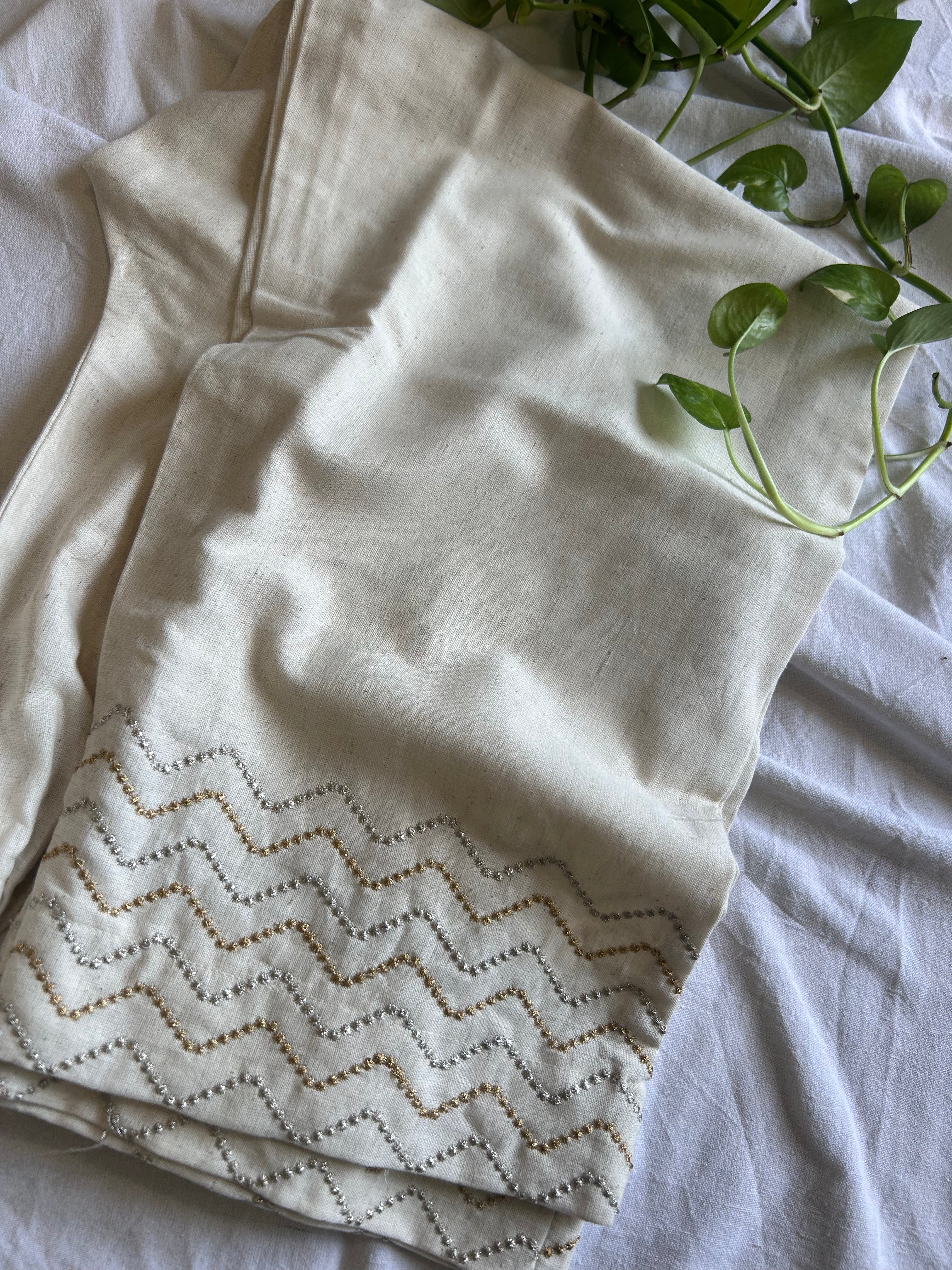 Cream Zig Zag Embroidery Straight Pant In Cotton For Women