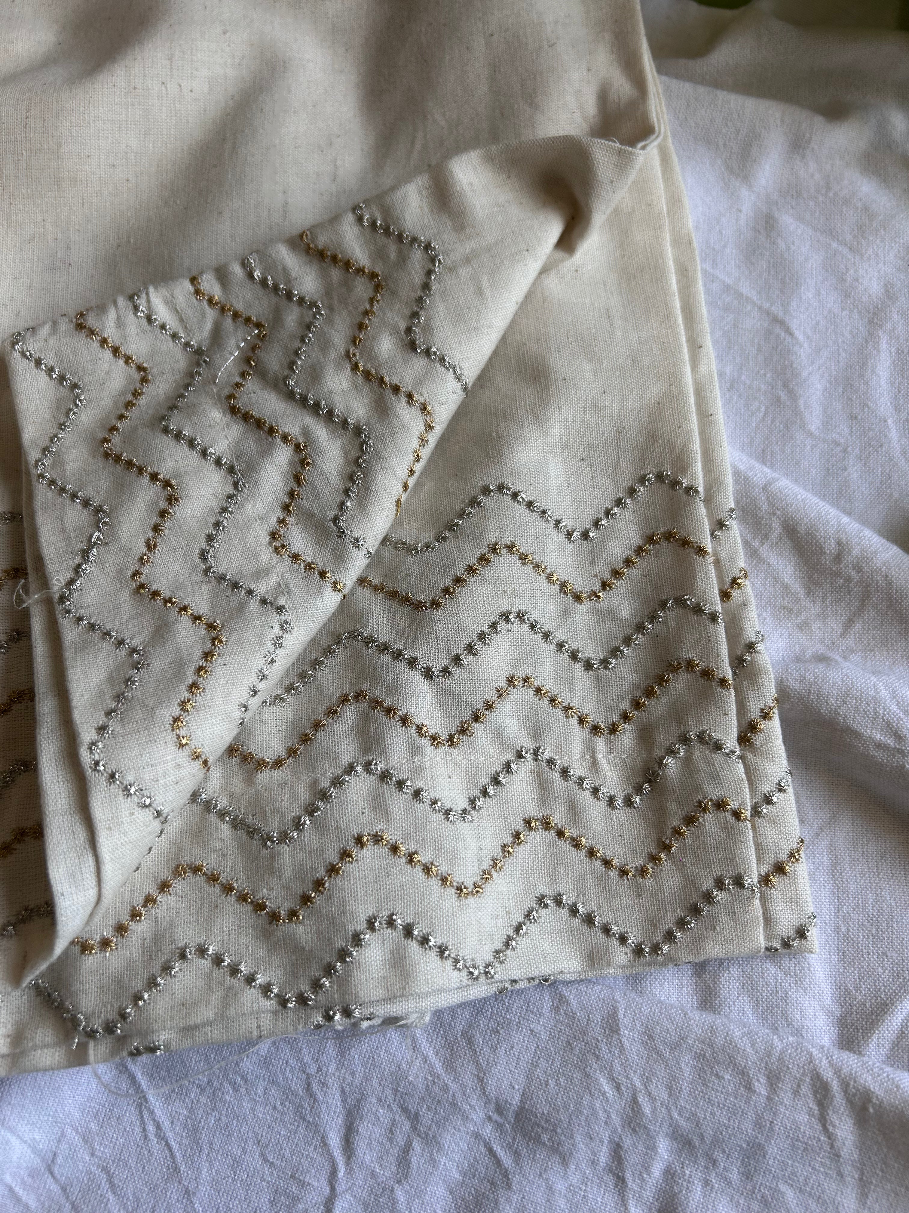Cream Zig Zag Embroidery Straight Pant In Cotton For Women
