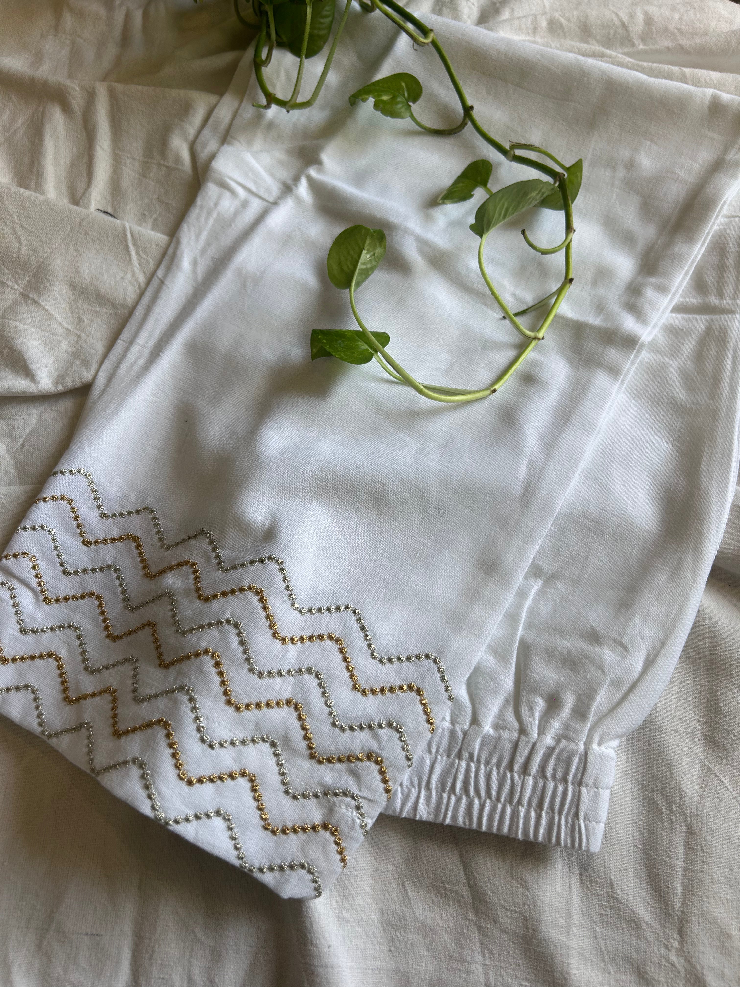 White Zig Zag Embroidery Straight Pant In Cotton For Women