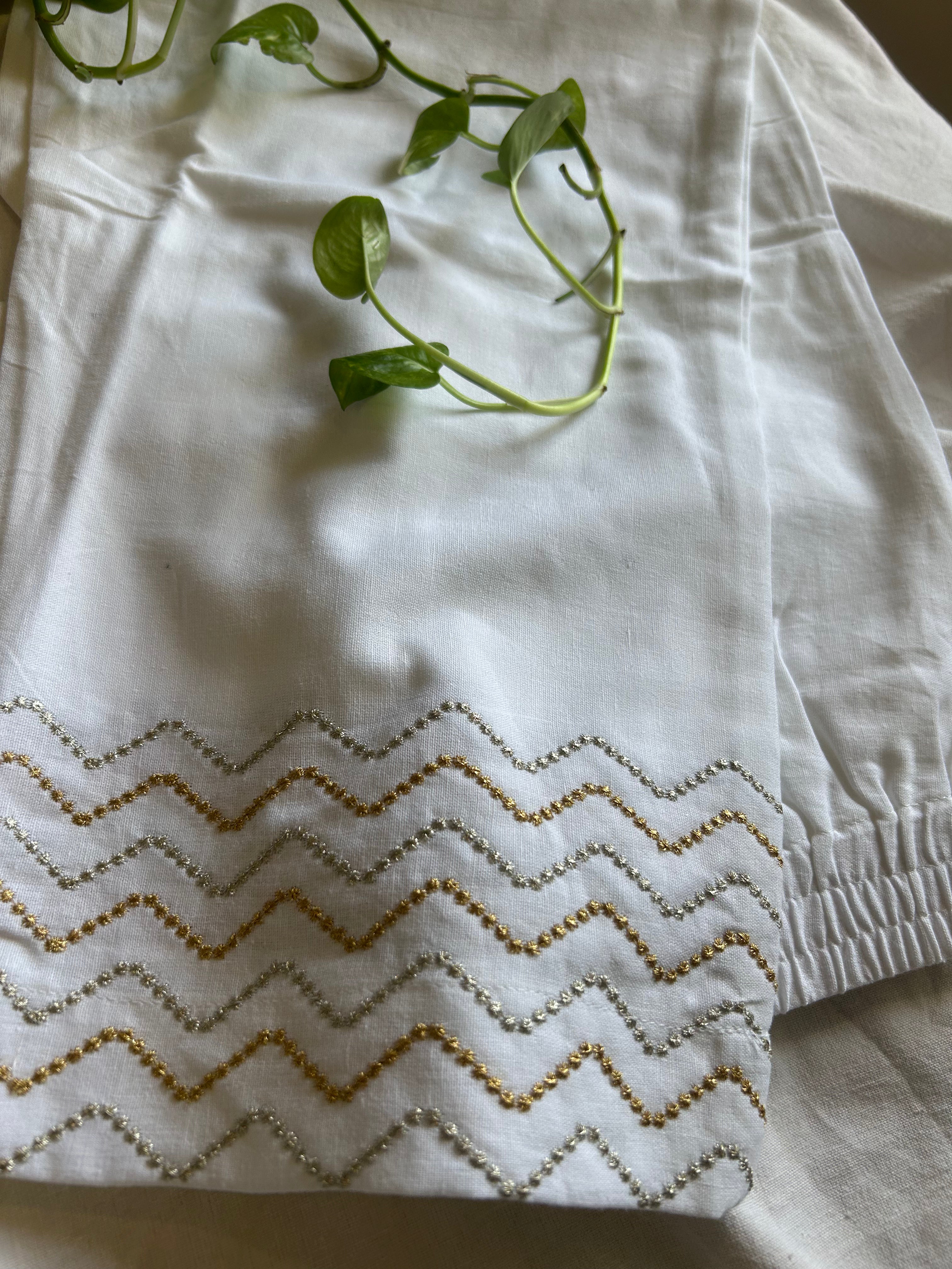 White Zig Zag Embroidery Straight Pant In Cotton For Women