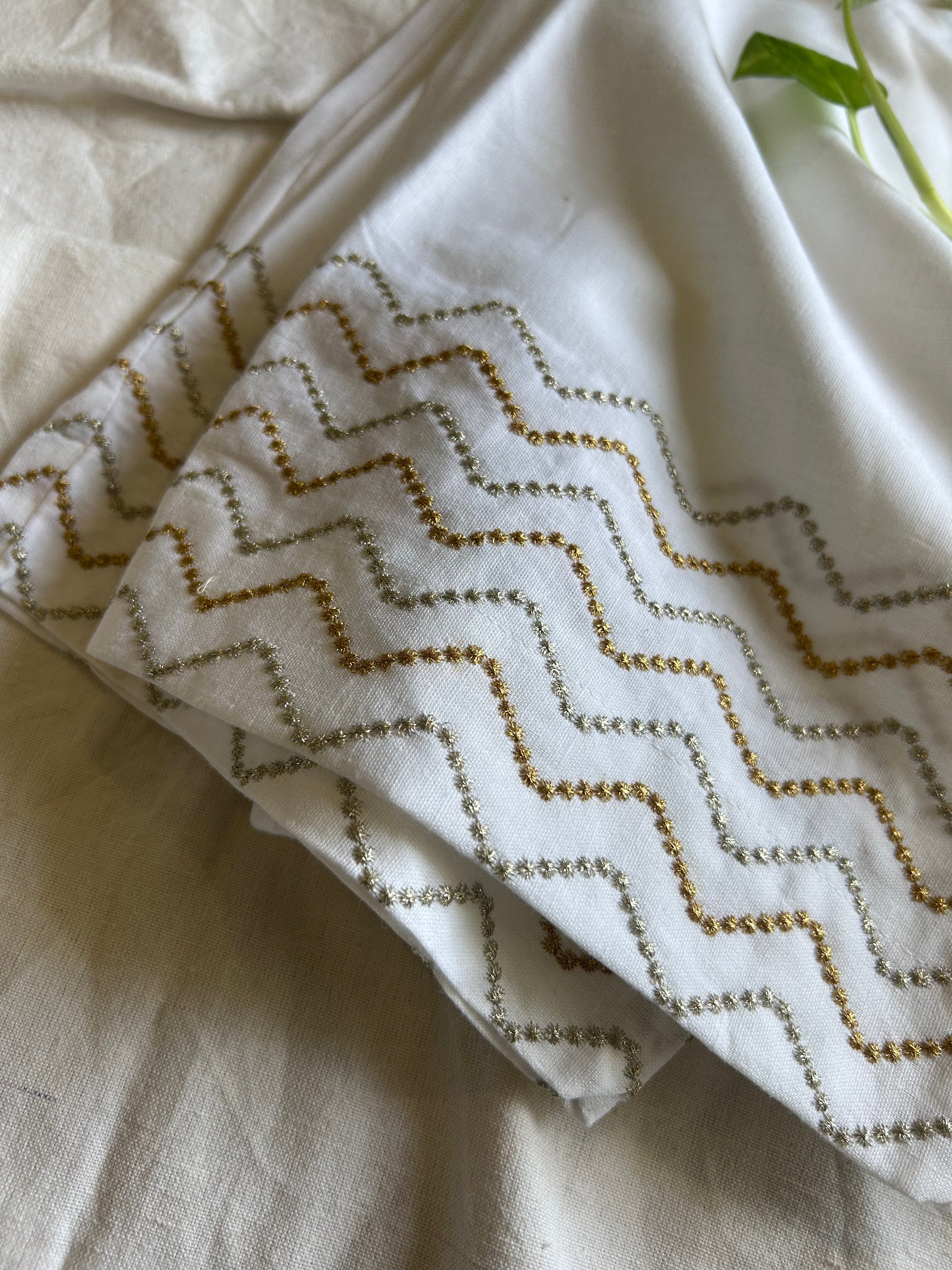 White Zig Zag Embroidery Straight Pant In Cotton For Women