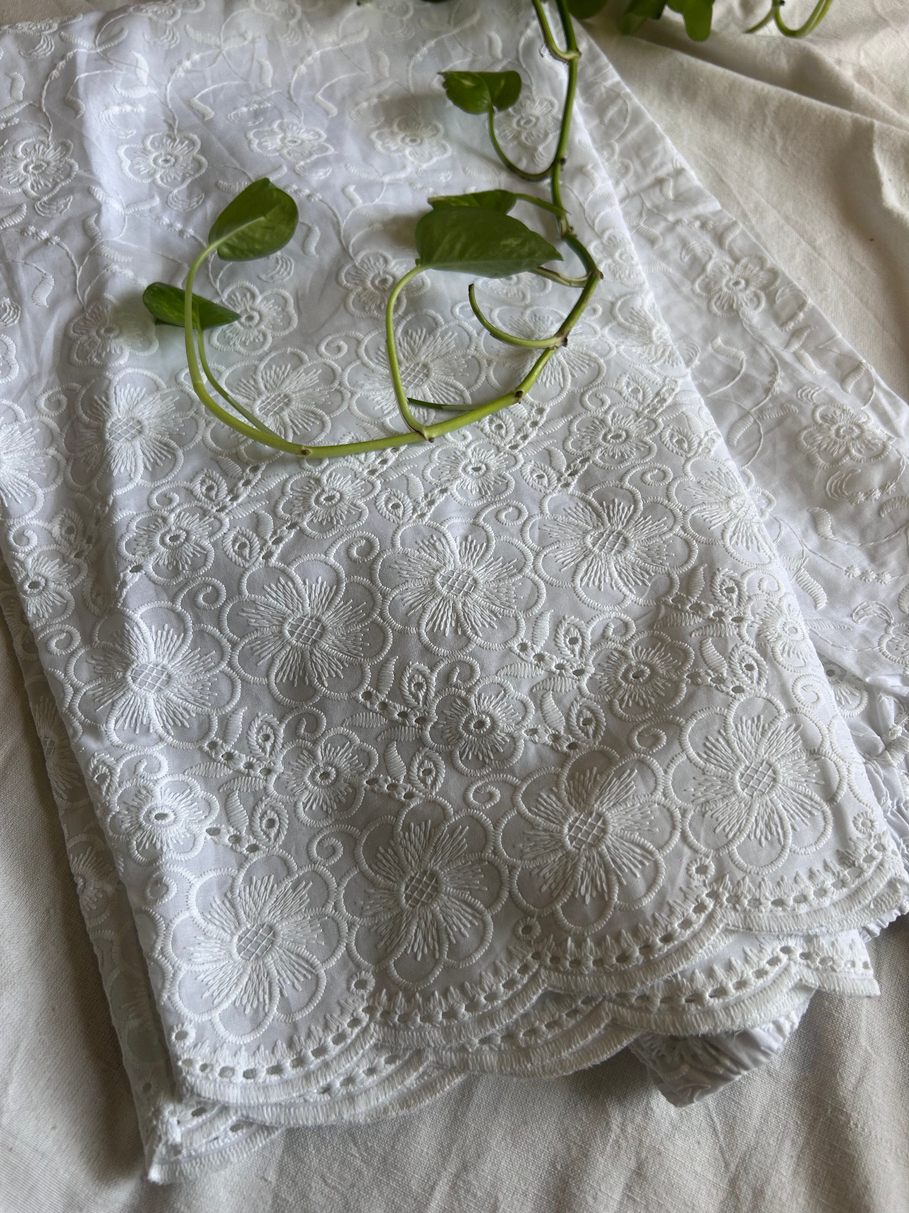 White Full Chikankari Embroidery Work Straight Pant In Cotton For Women