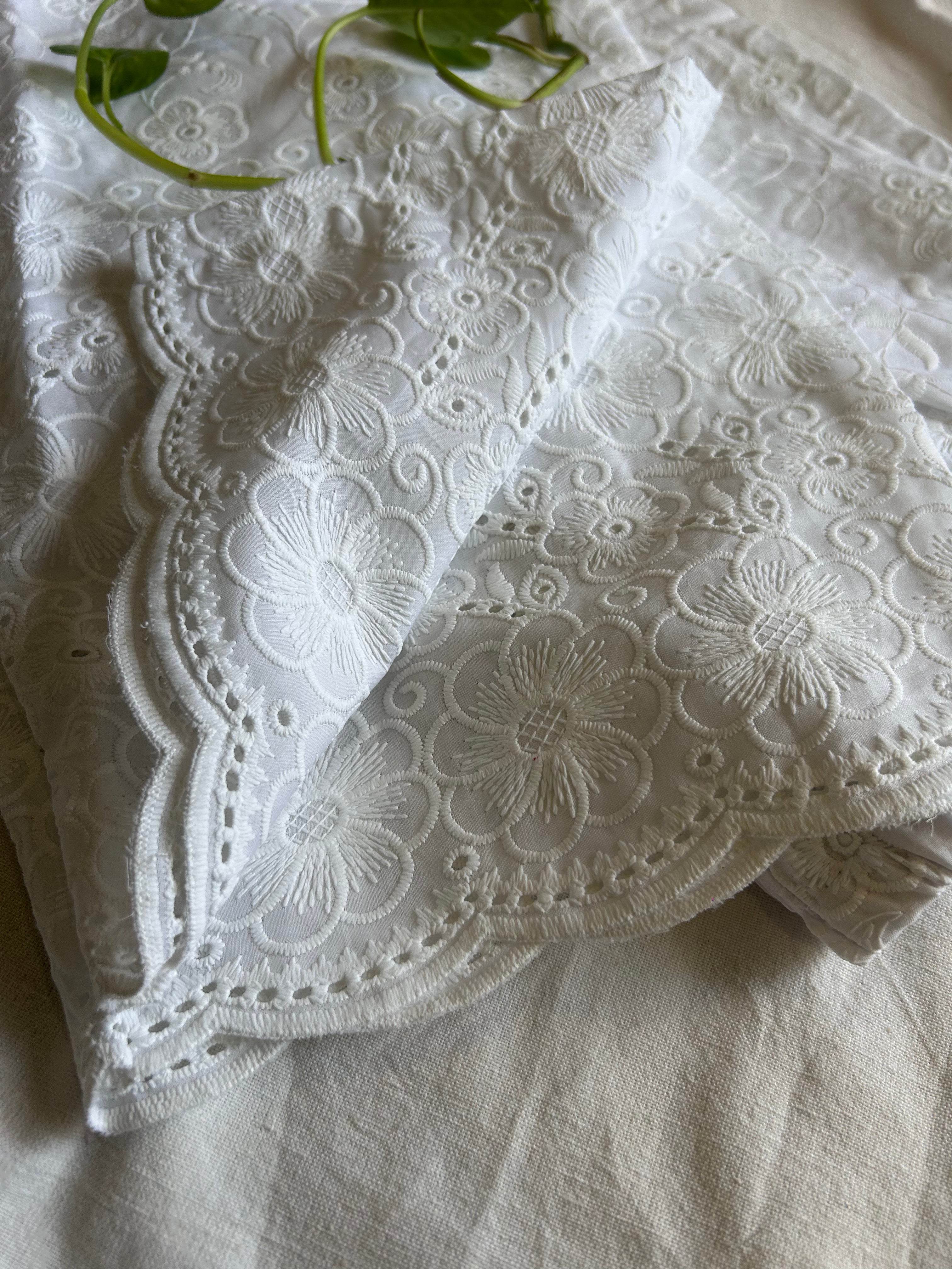 White Full Chikankari Embroidery Work Straight Pant In Cotton For Women