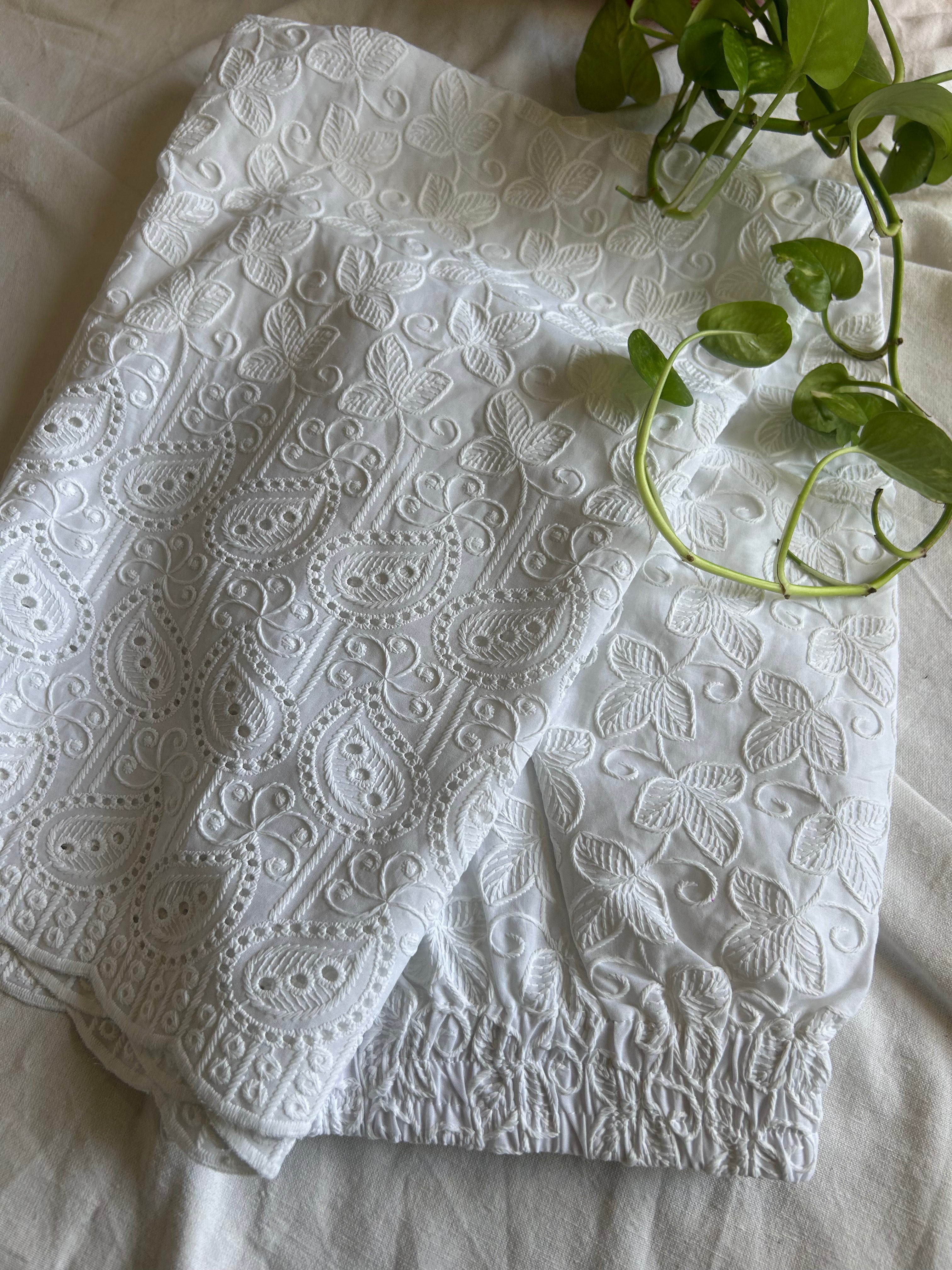 White Full Chikankari Embroidery Work Straight Pant In Cotton For Women