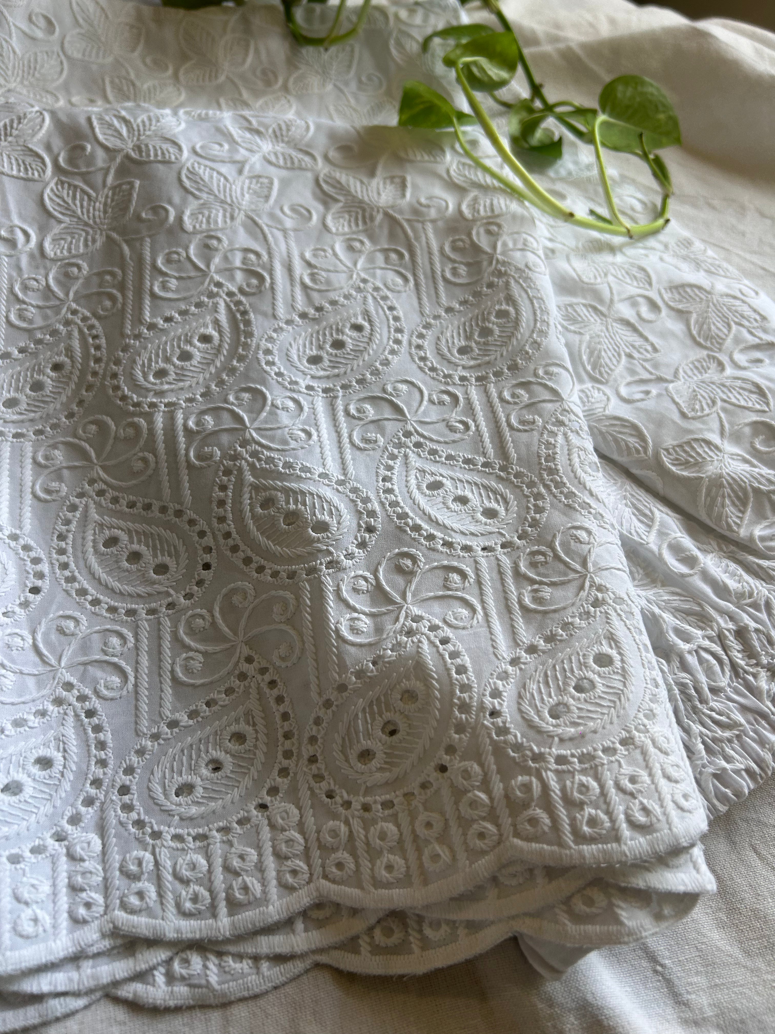 White Full Chikankari Embroidery Work Straight Pant In Cotton For Women