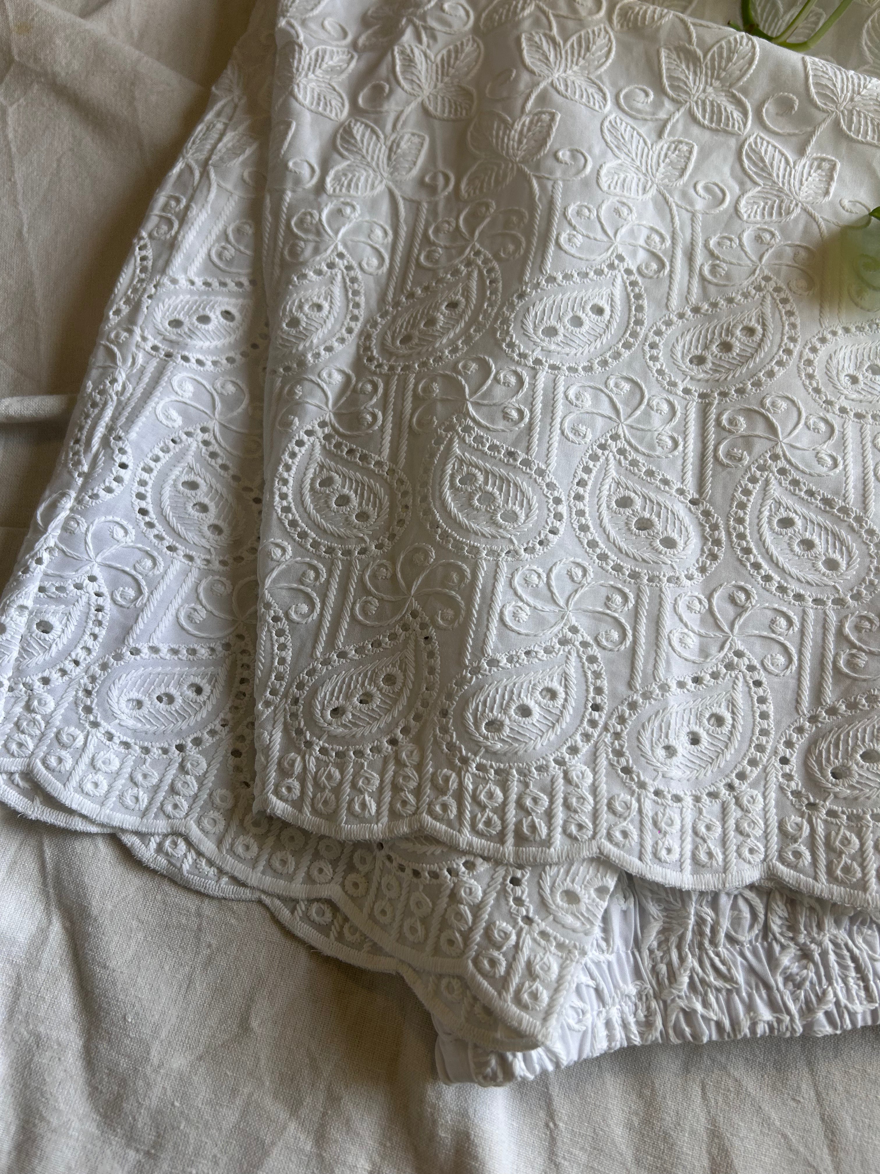 White Full Chikankari Embroidery Work Straight Pant In Cotton For Women