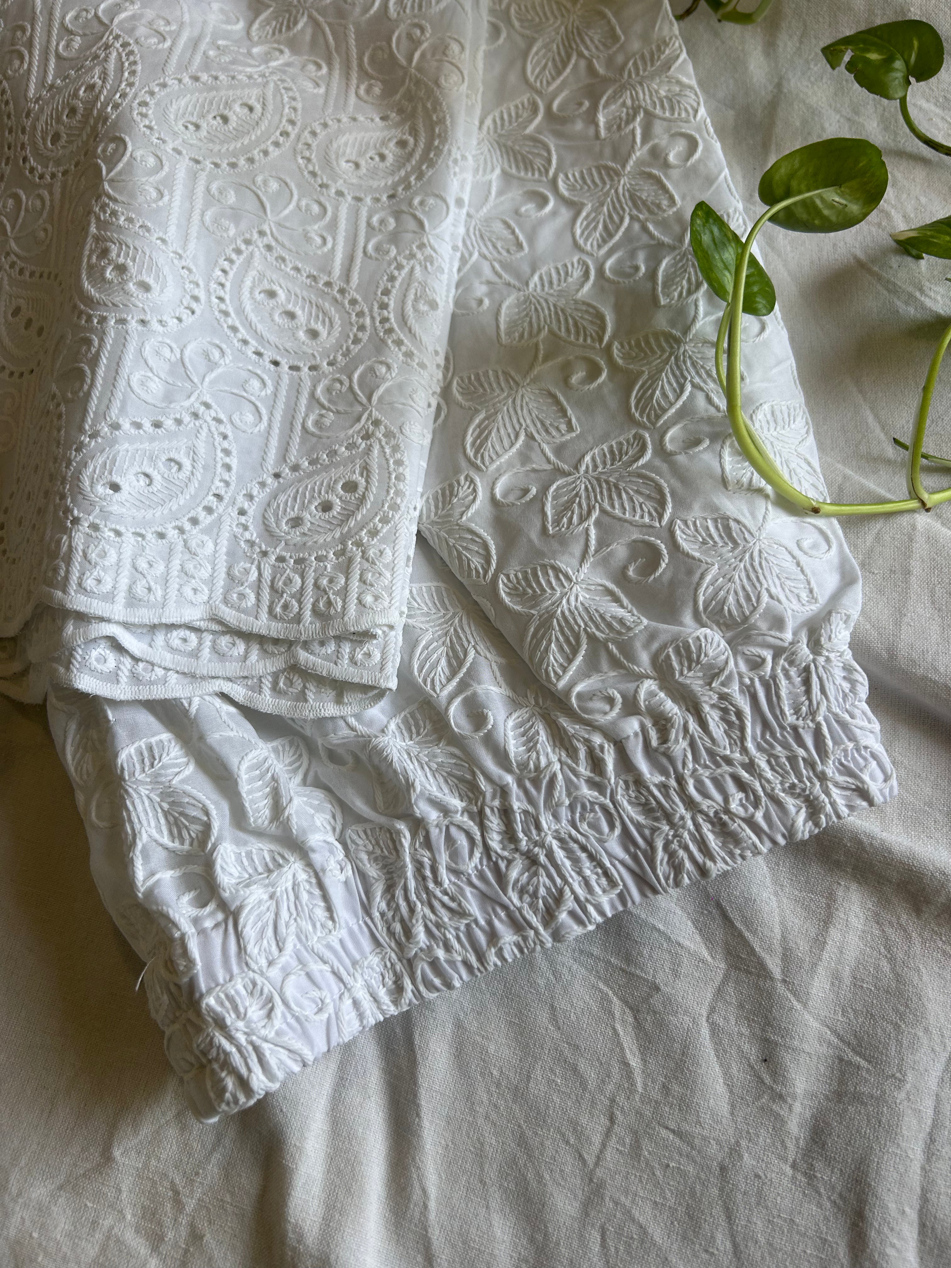 White Full Chikankari Embroidery Work Straight Pant In Cotton For Women