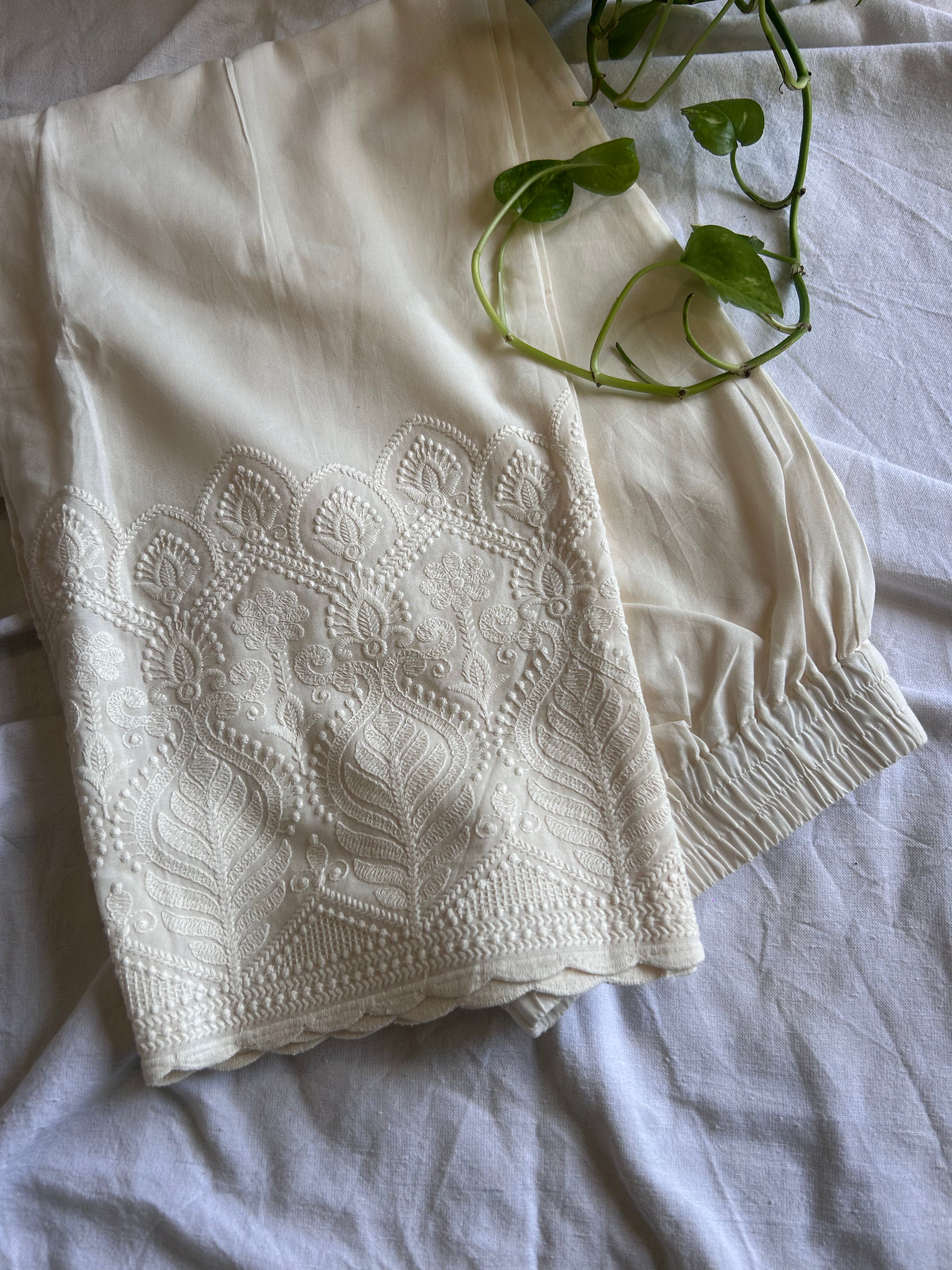 Cream Flower Embroidery Straight Pant In Cotton For Women