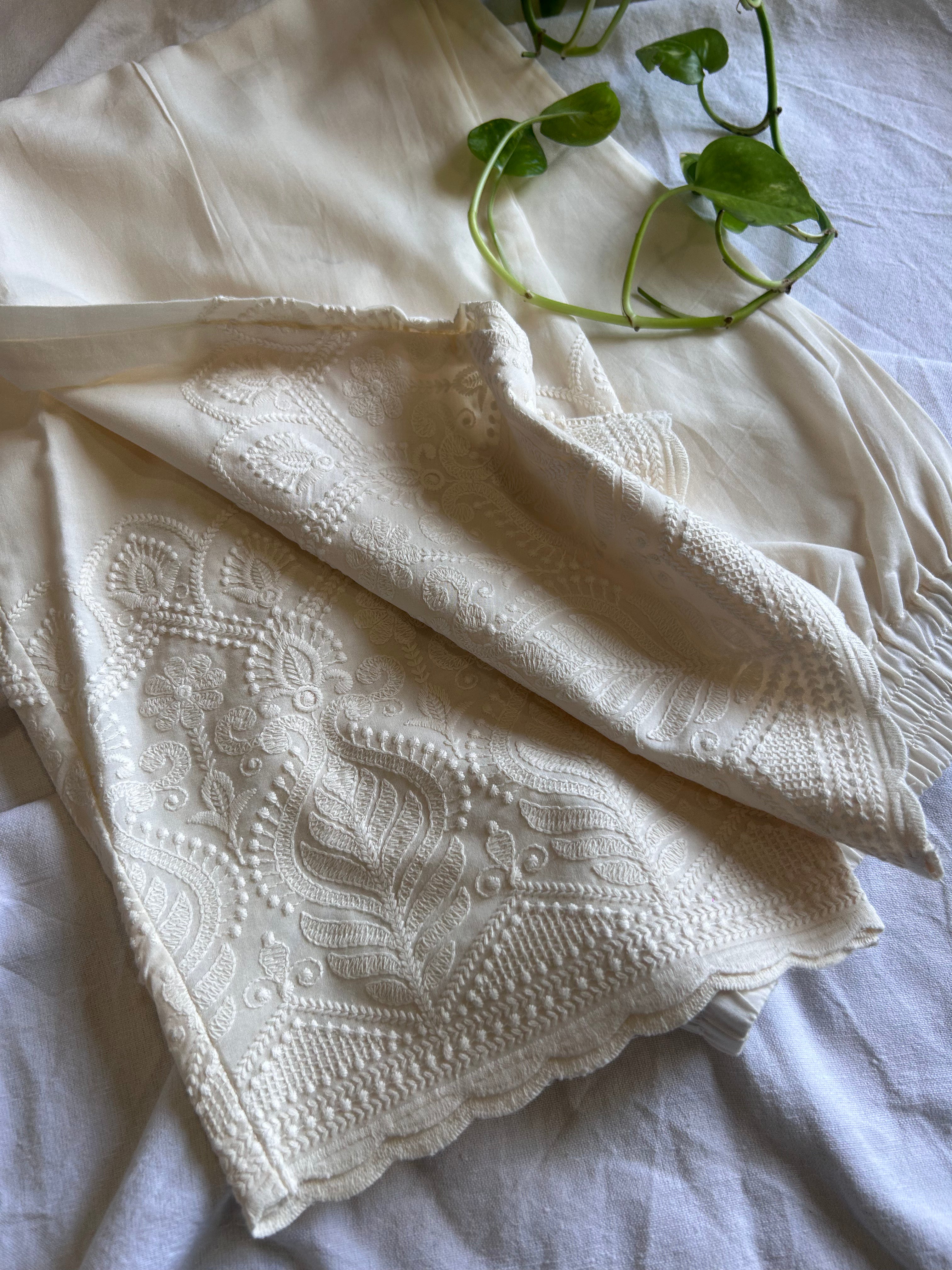 Cream Flower Embroidery Straight Pant In Cotton For Women
