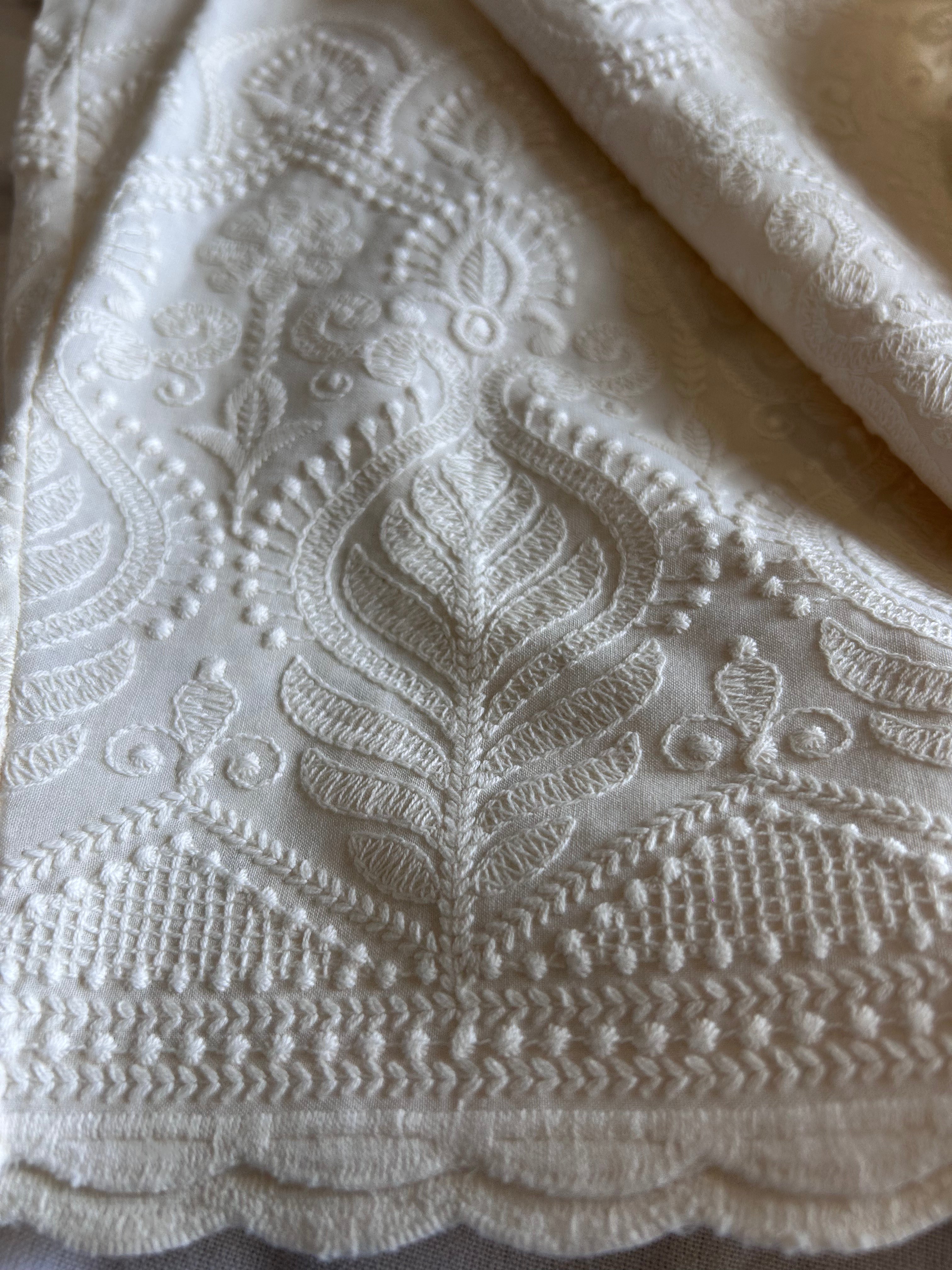 Cream Flower Embroidery Straight Pant In Cotton For Women