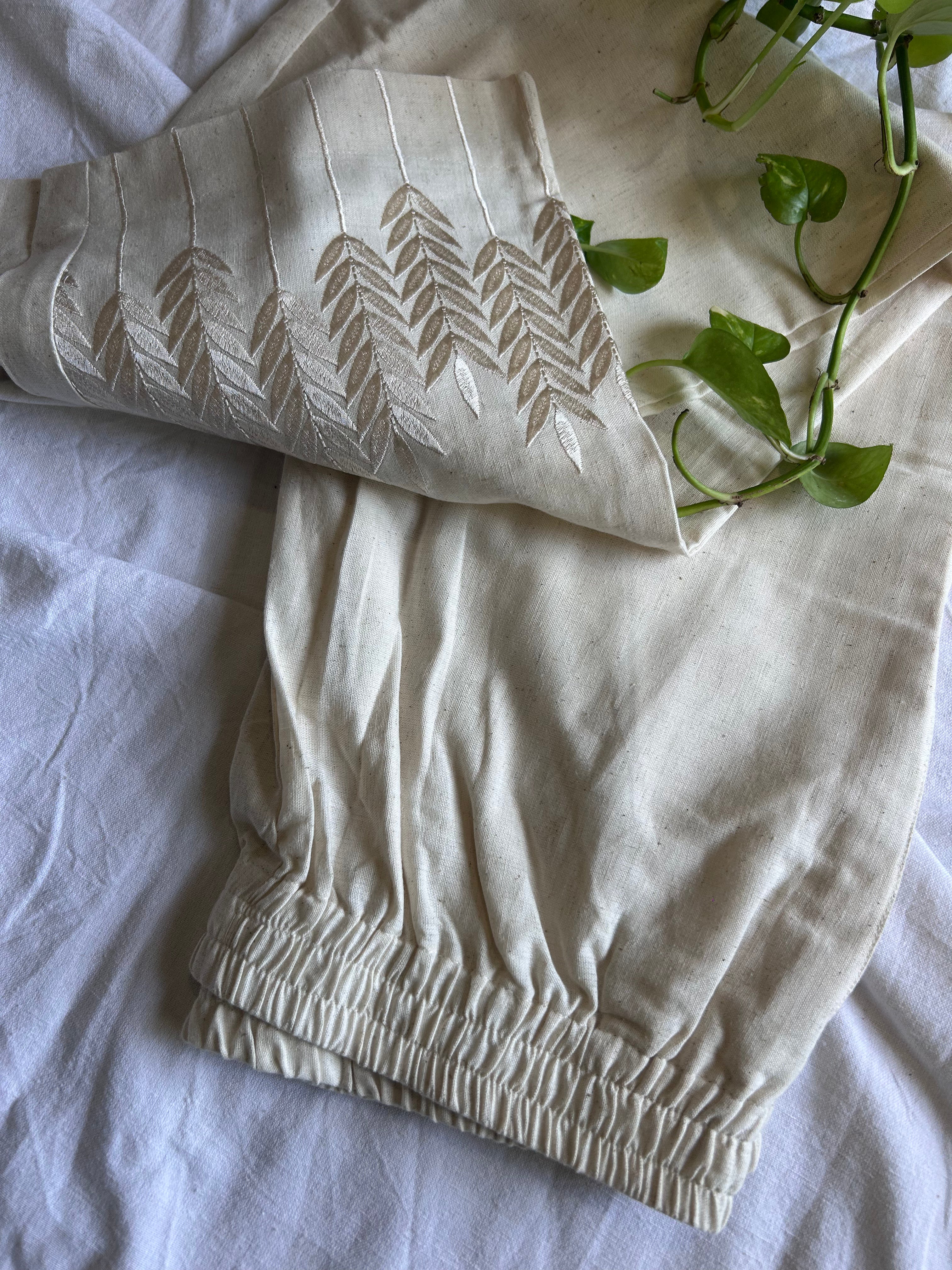 Viha Cream Embroidery Straight Pant In Cotton For Women