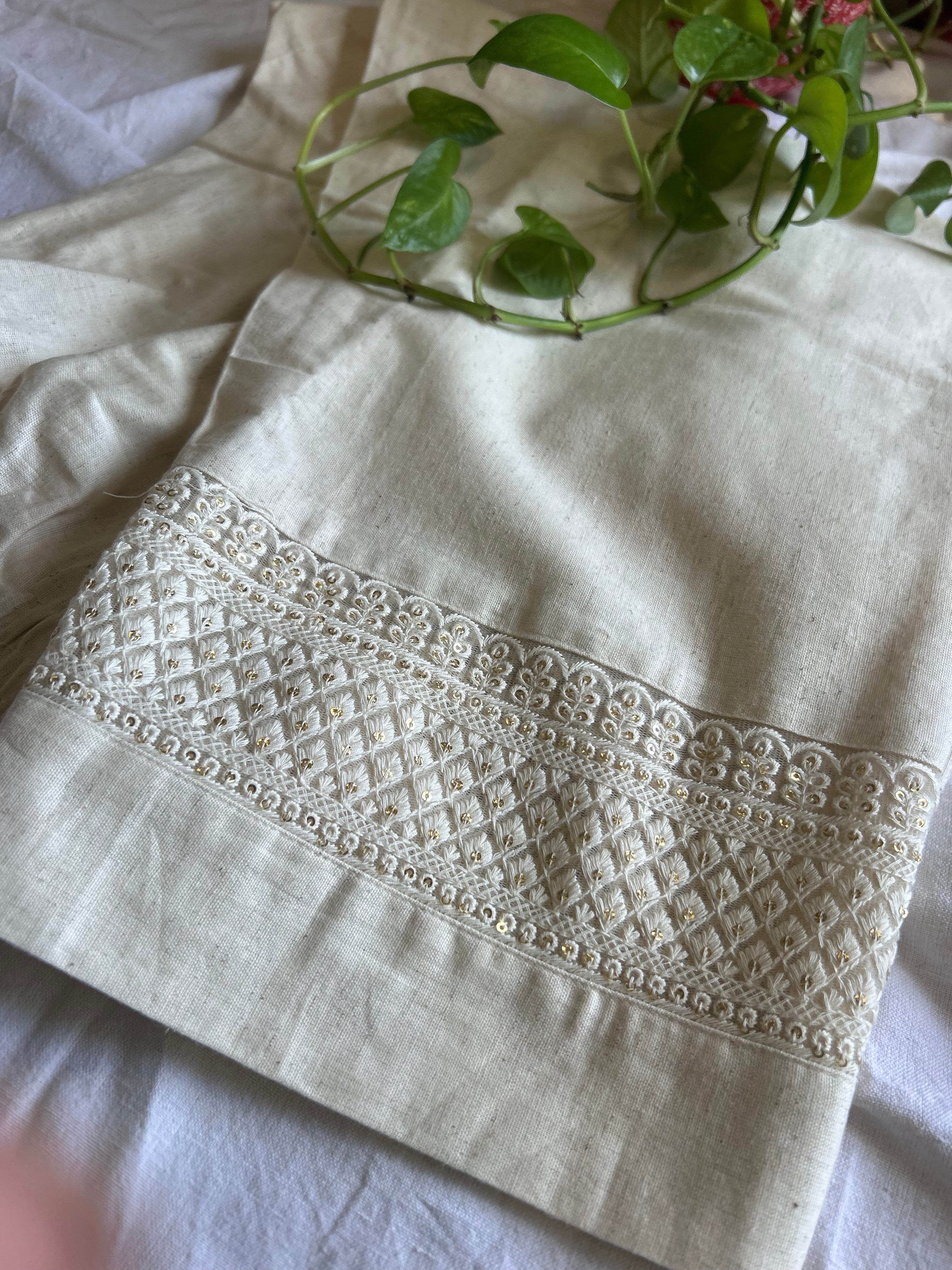 Cream Straight Designer Lace Cotton Pants For Women
