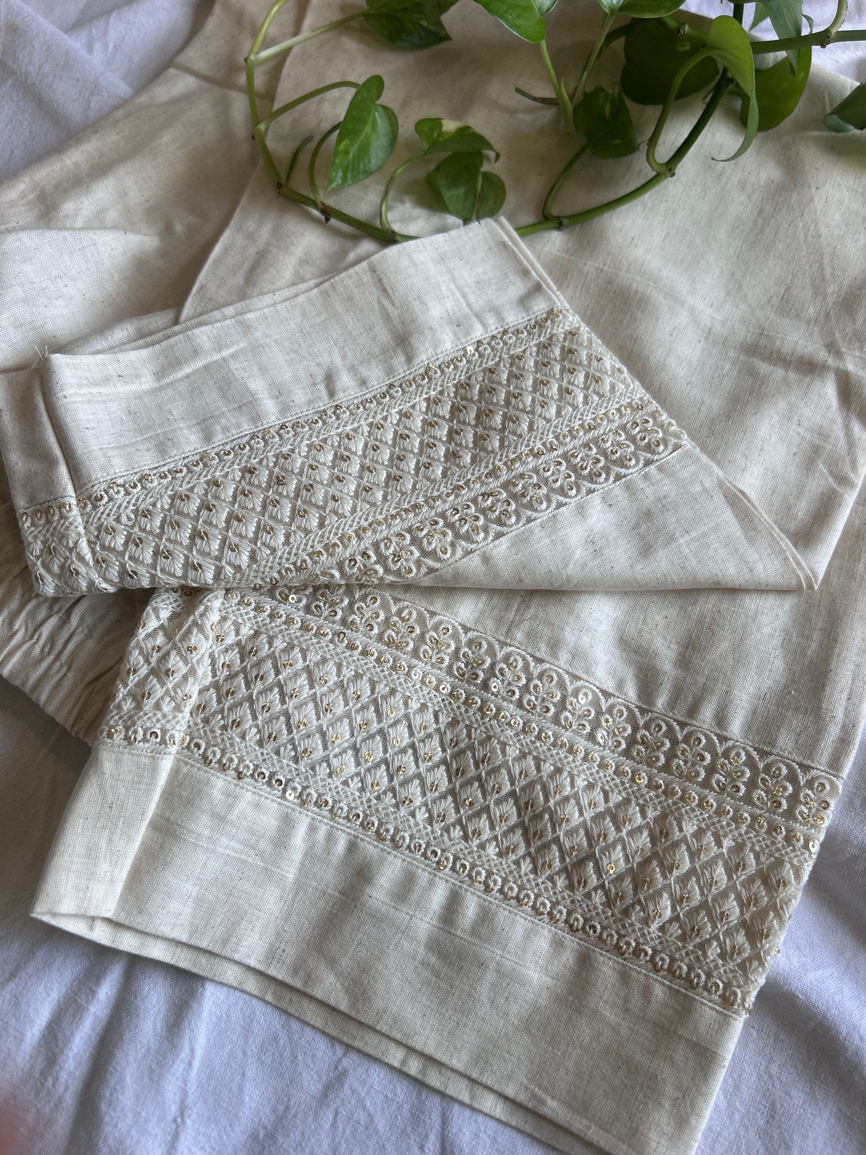 Cream Straight Designer Lace Cotton Pants For Women