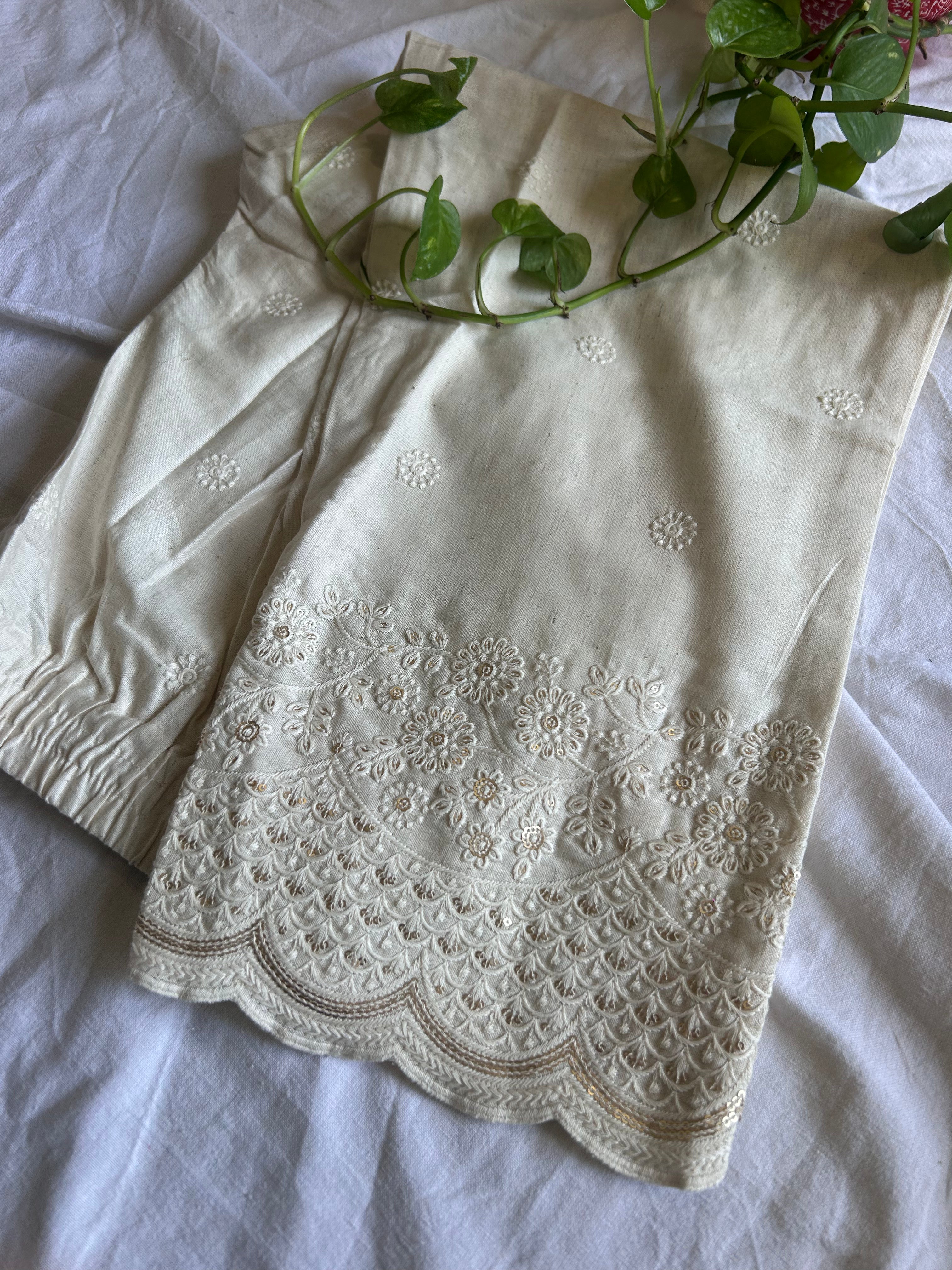 Cream Sequence Flower Embroidery Straight Pant In Cotton For Women