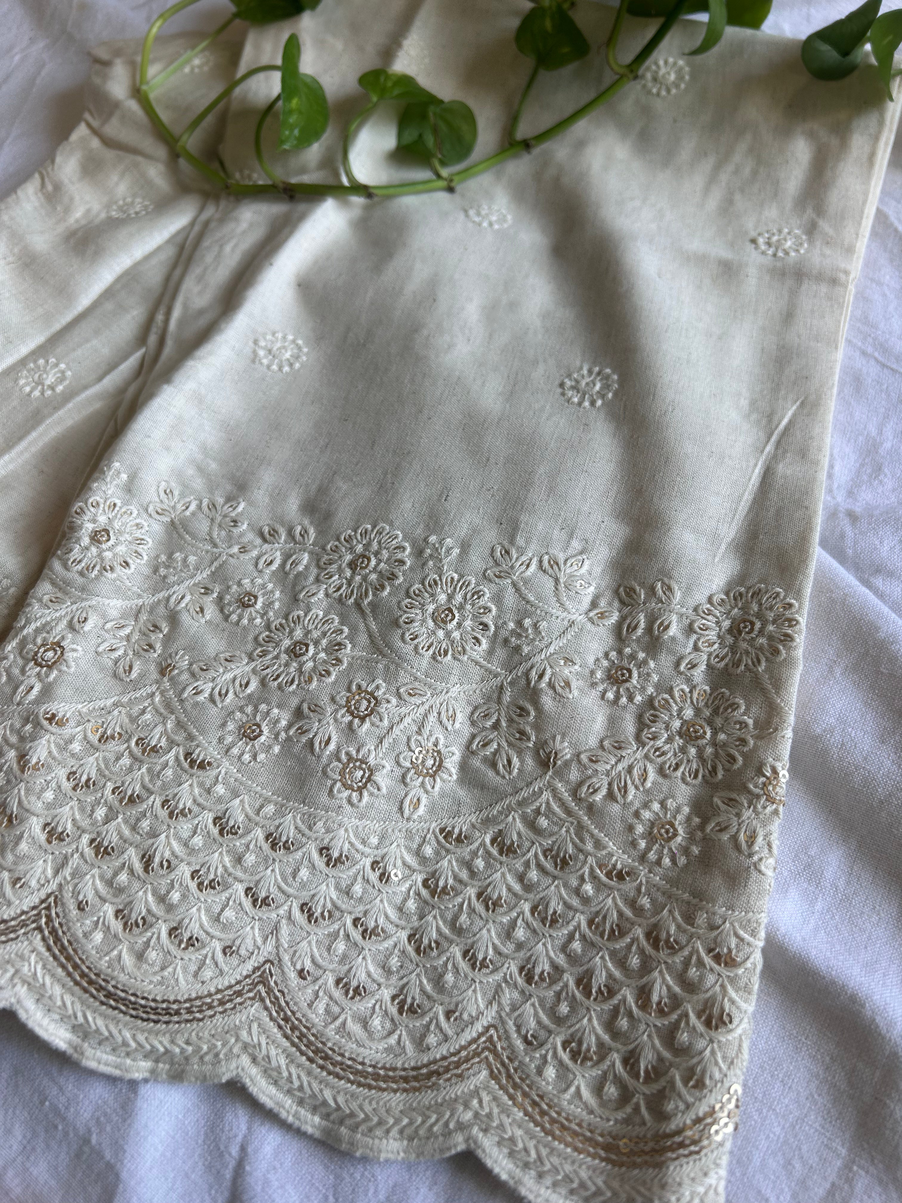 Cream Sequence Flower Embroidery Straight Pant In Cotton For Women