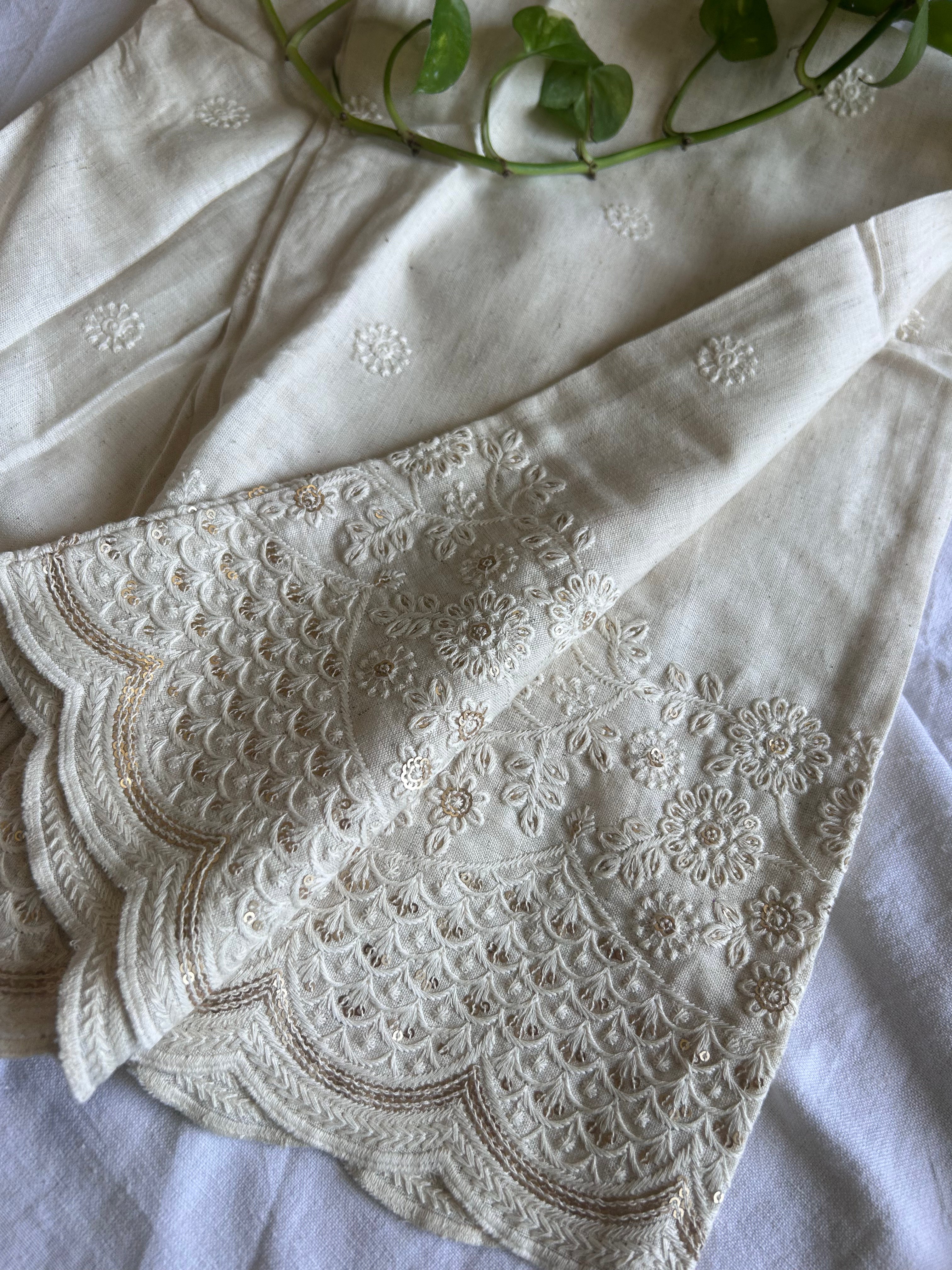 Cream Sequence Flower Embroidery Straight Pant In Cotton For Women