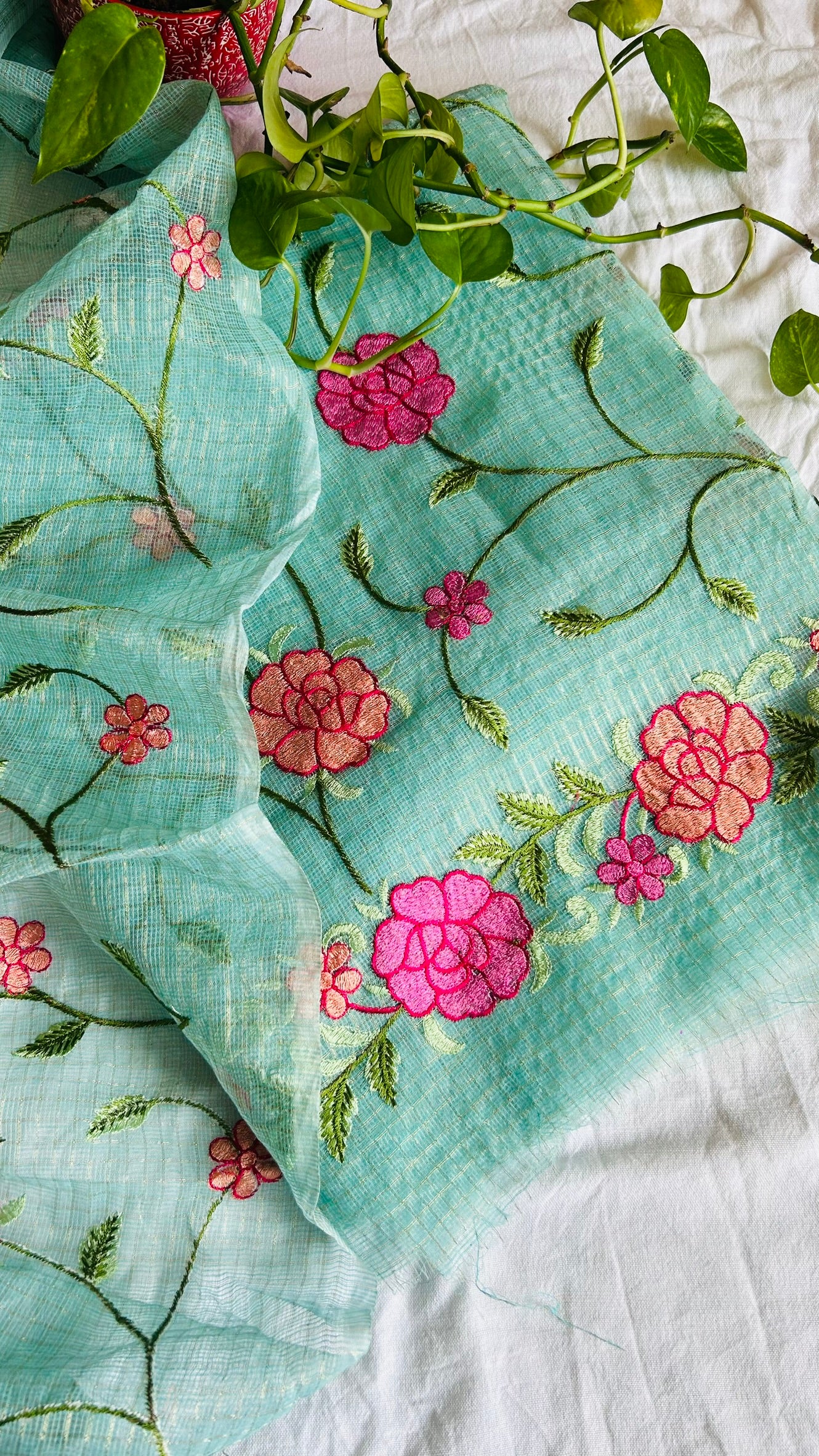 Kota Doria Embroidered Suit Set In Sea Green (unstitched)