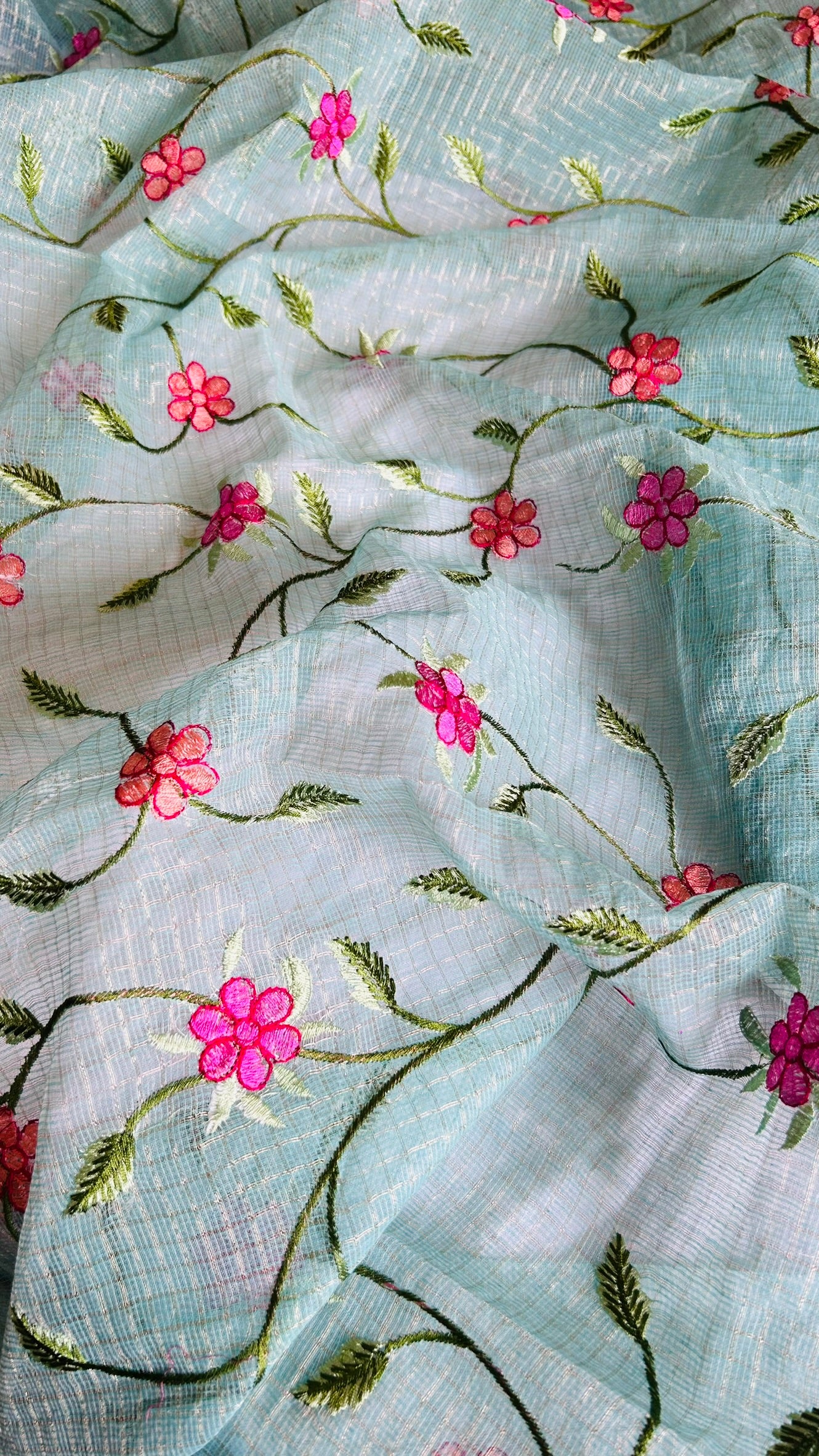 Kota Doria Embroidered Suit Set In Sea Green (unstitched)