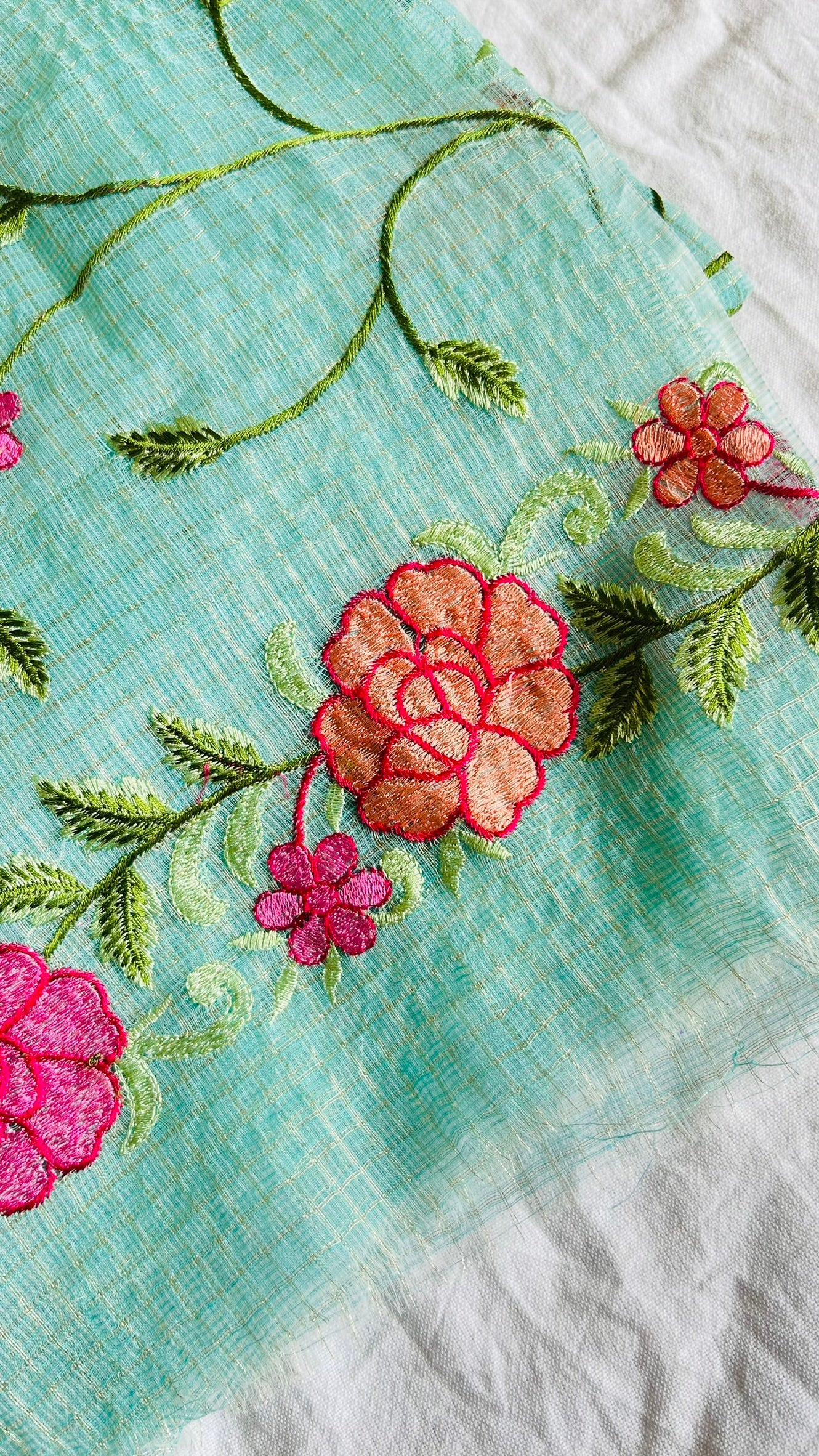 Kota Doria Embroidered Suit Set In Sea Green (unstitched)