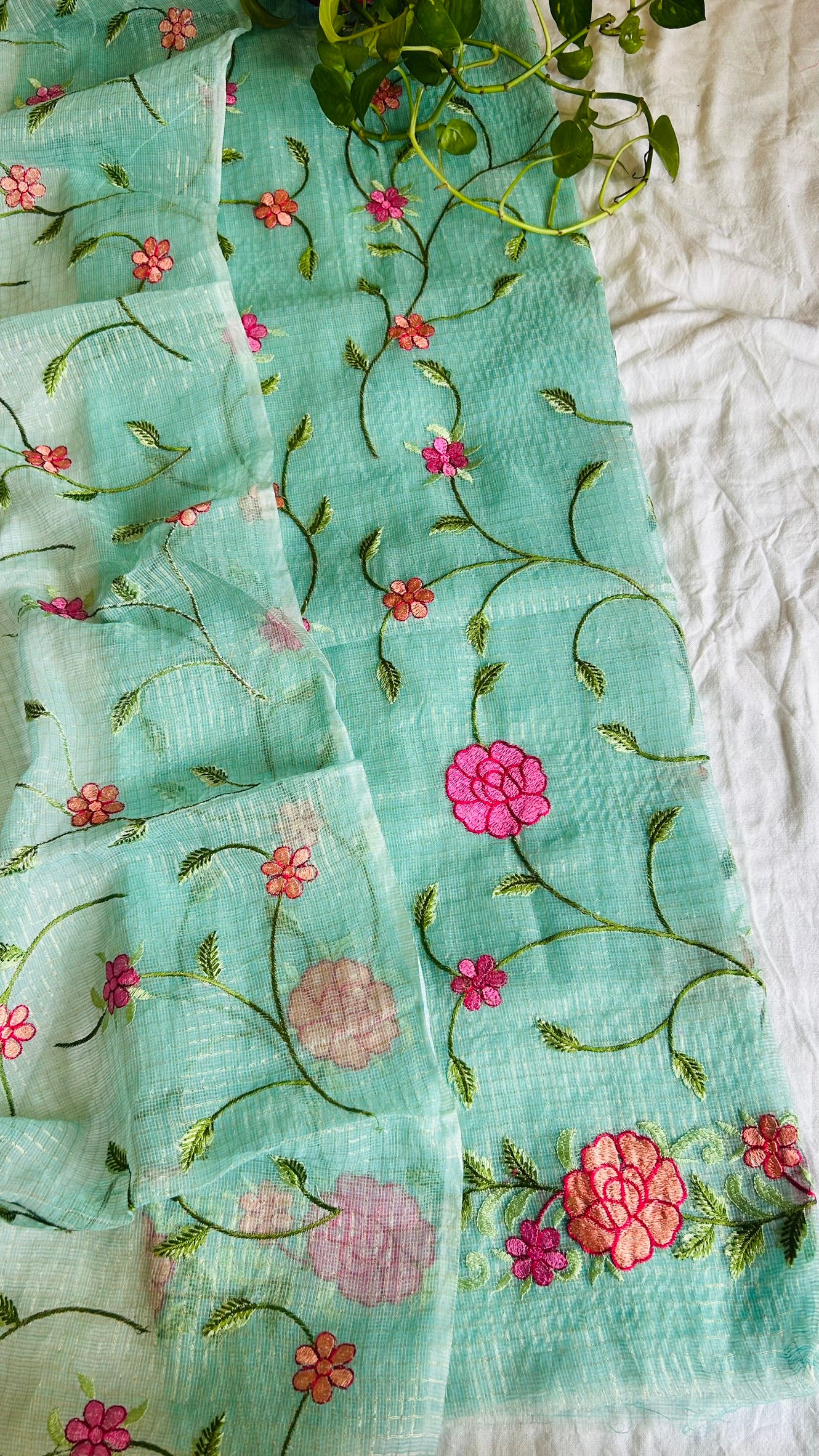 Kota Doria Embroidered Suit Set In Sea Green (unstitched)