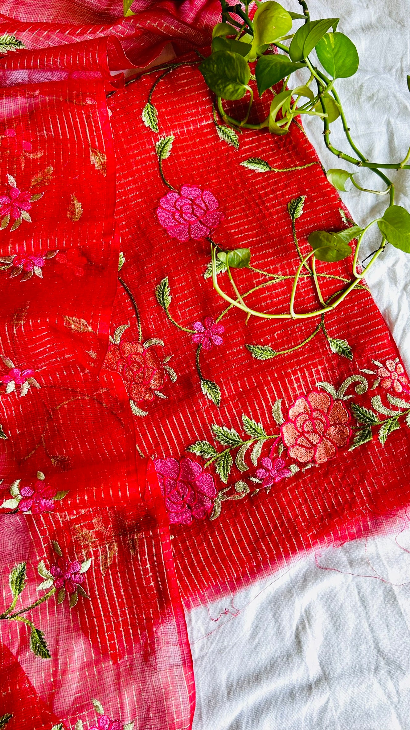Kota Doria Embroidered Suit Set In Red (unstitched)