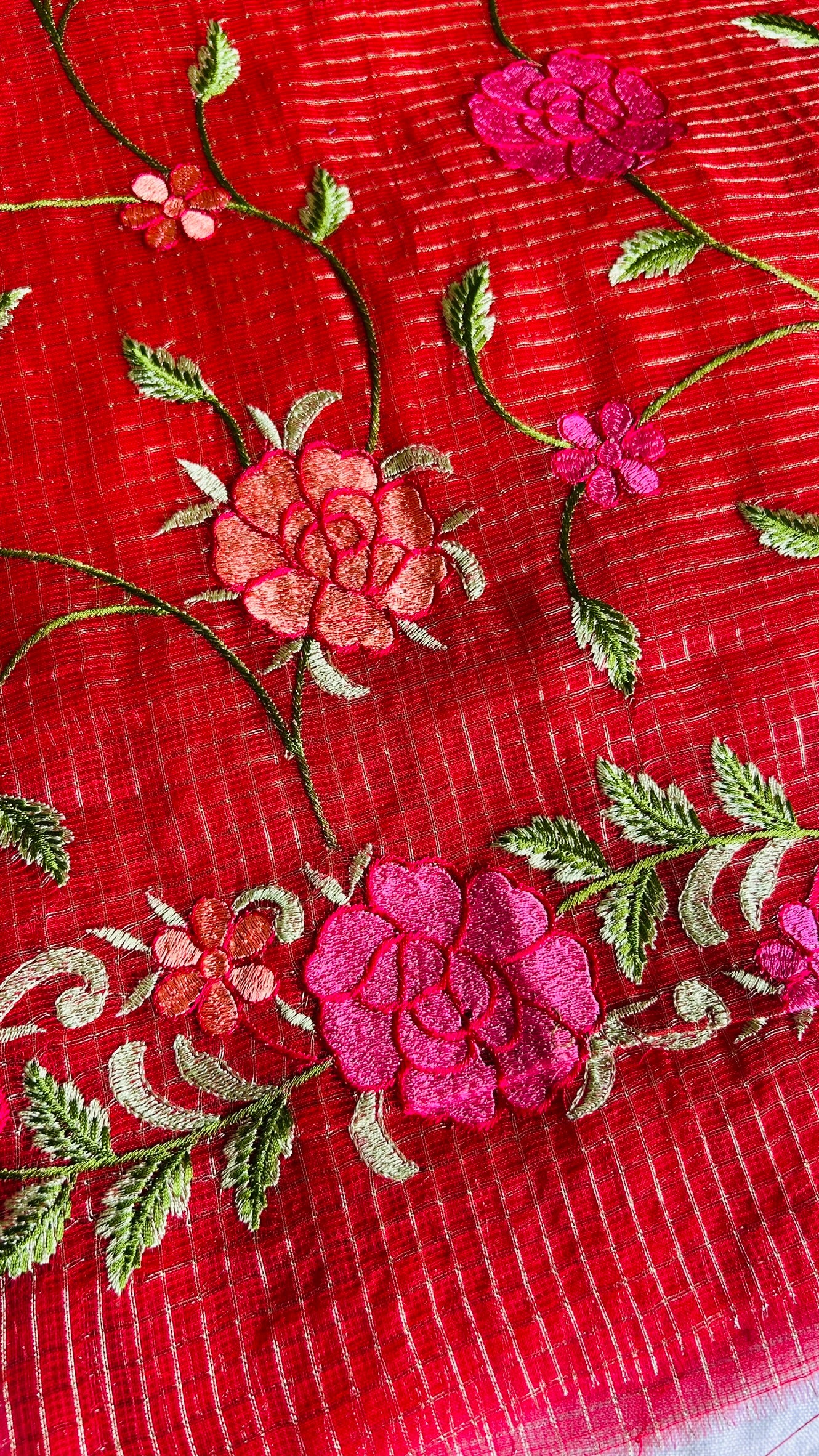 Kota Doria Embroidered Suit Set In Red (unstitched)
