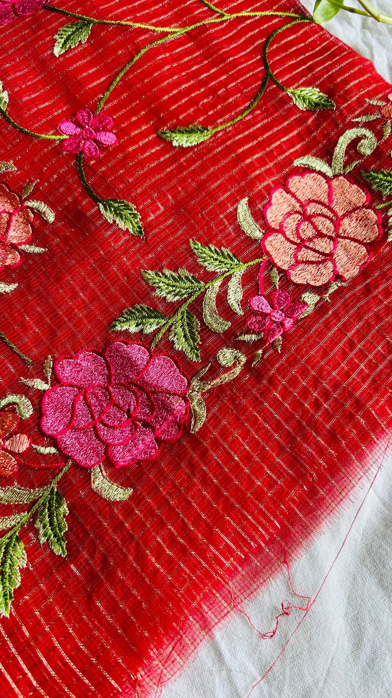 Kota Doria Embroidered Suit Set In Red (unstitched)