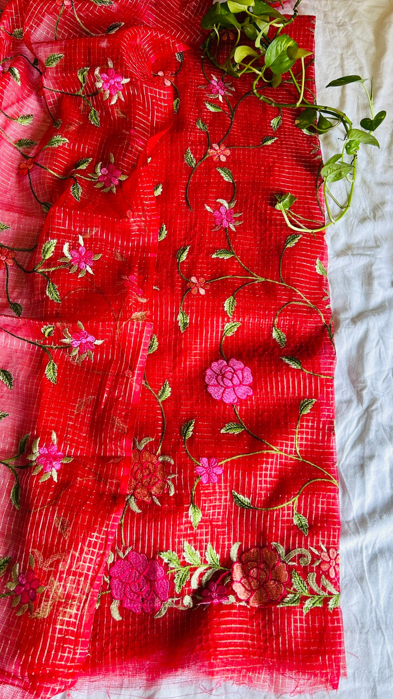 Kota Doria Embroidered Suit Set In Red (unstitched)