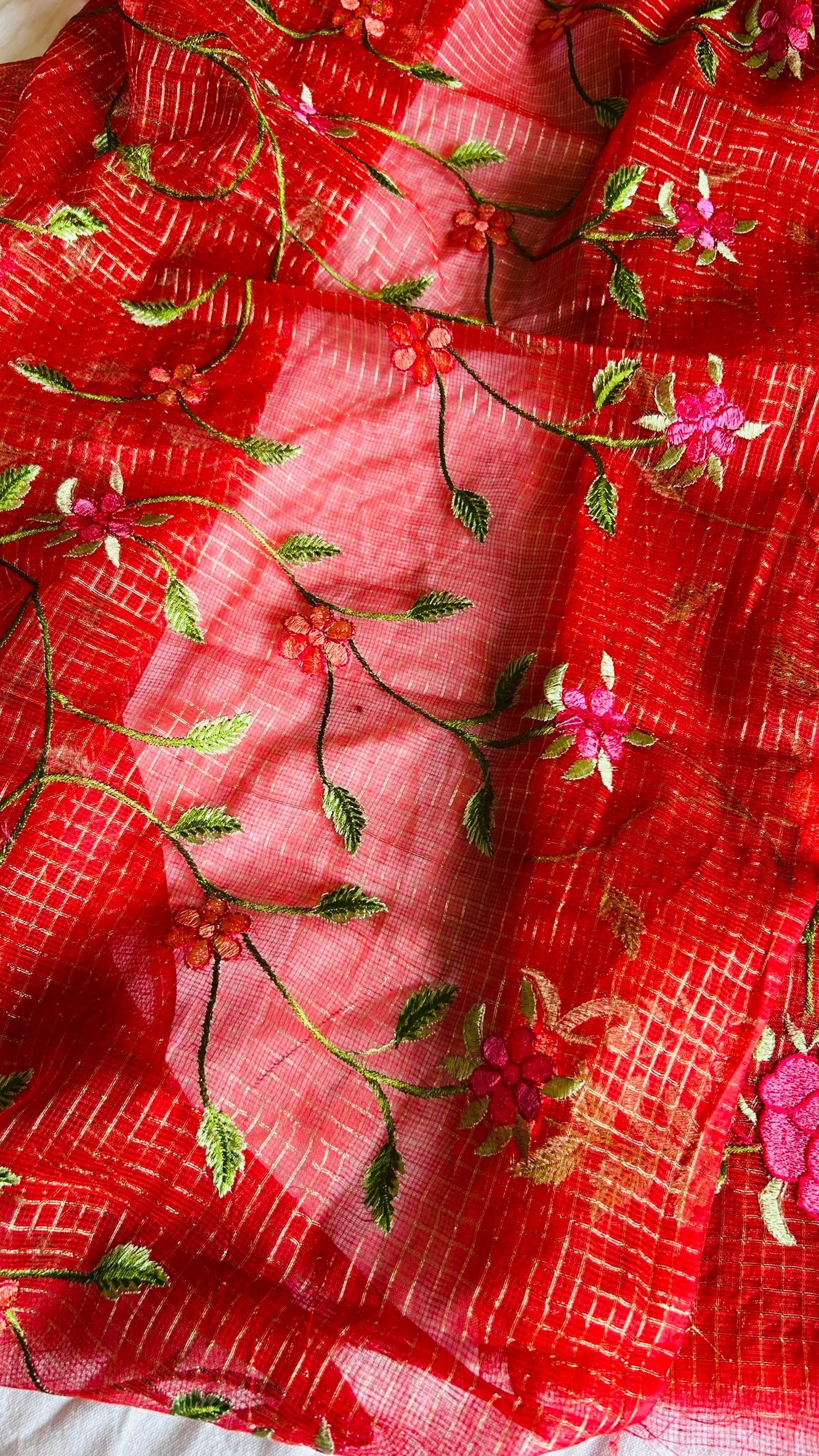Kota Doria Embroidered Suit Set In Red (unstitched)