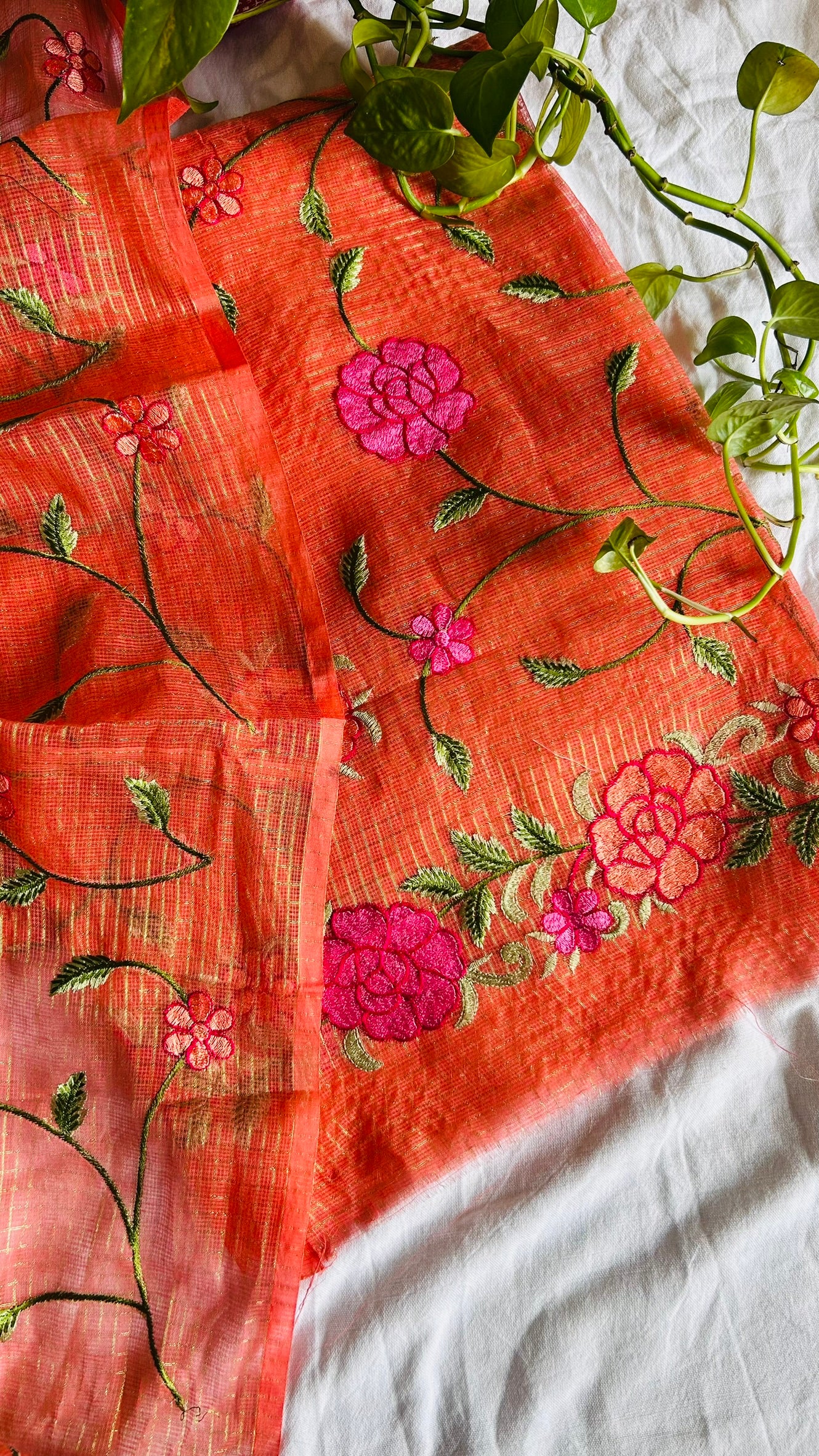 Kota Doria Embroidered Suit Set In orange (unstitched)