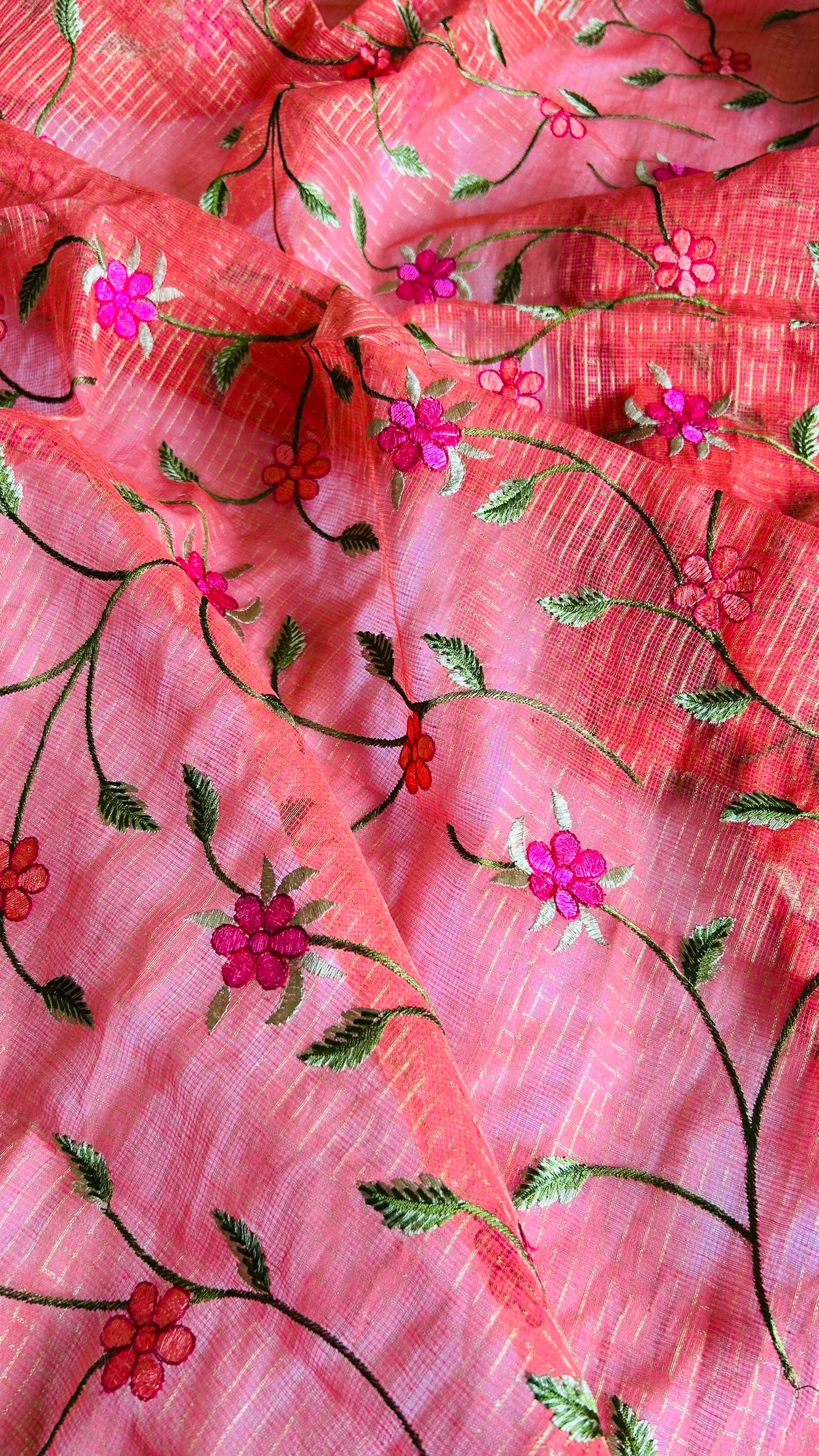 Kota Doria Embroidered Suit Set In orange (unstitched)