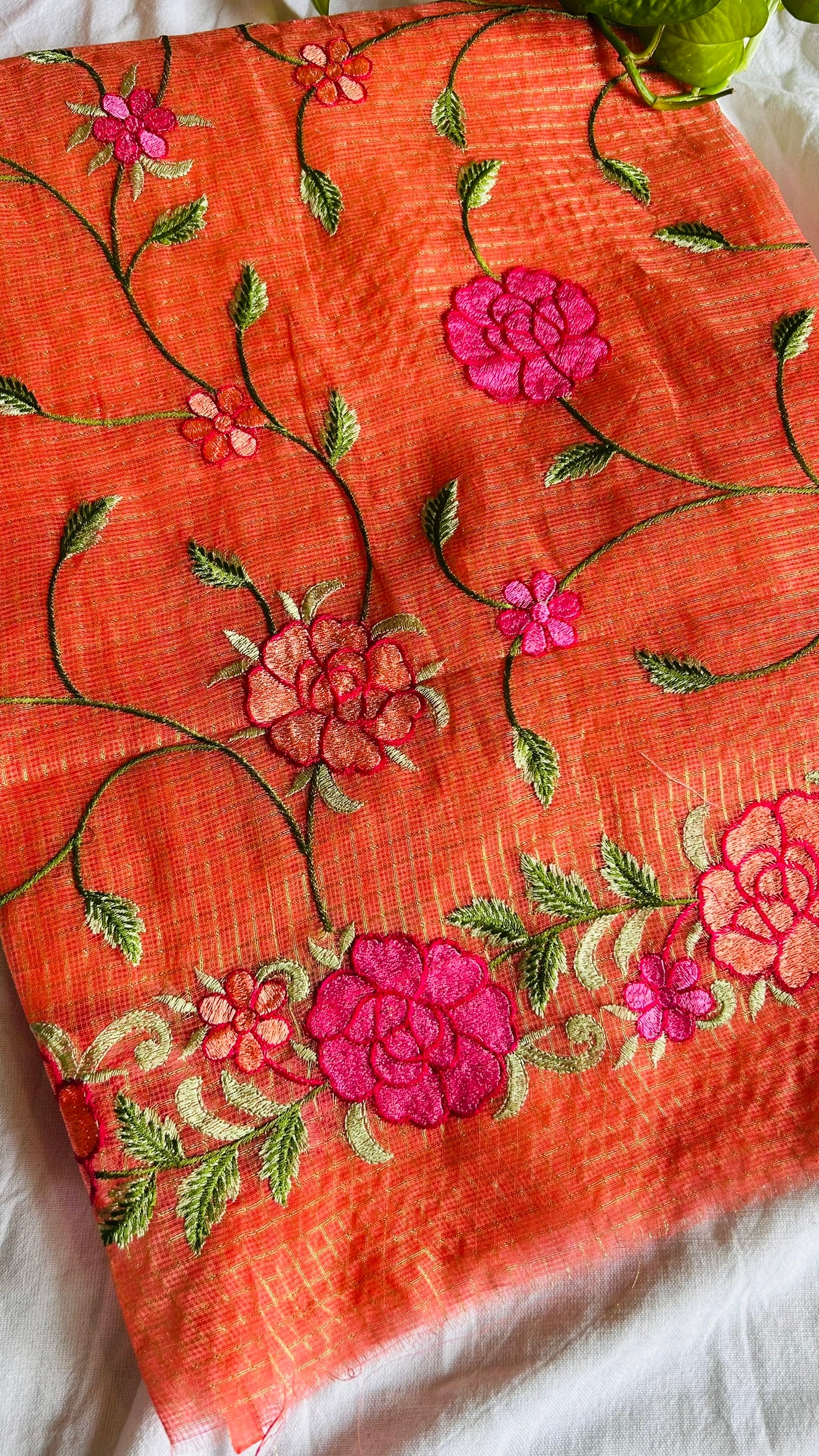 Kota Doria Embroidered Suit Set In orange (unstitched)