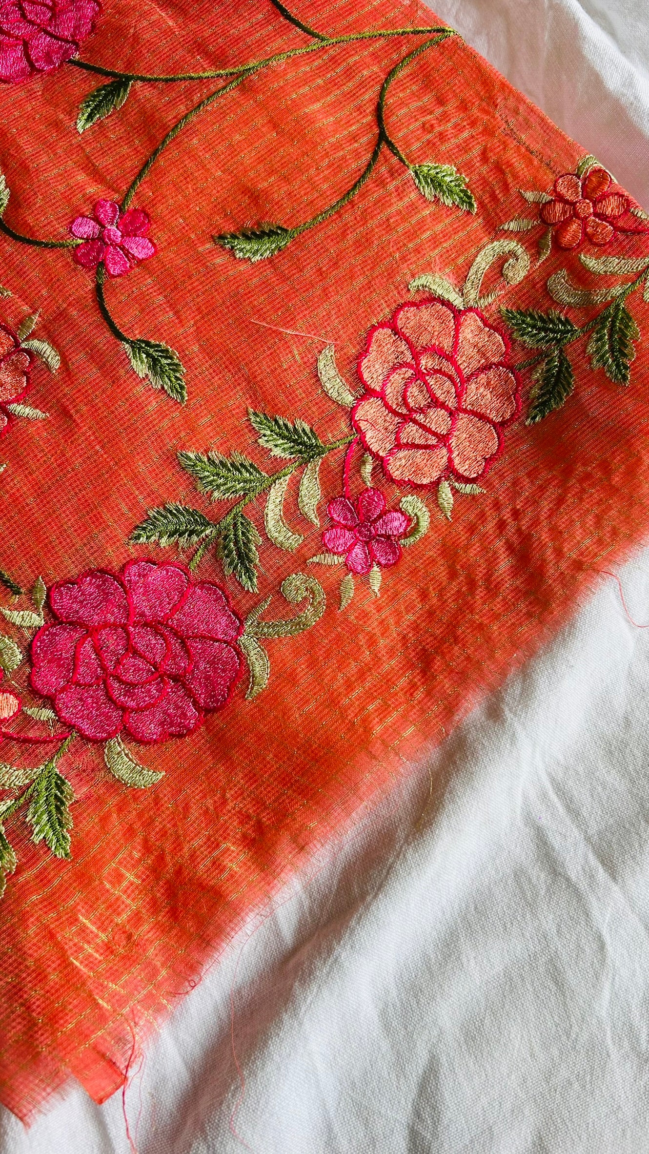 Kota Doria Embroidered Suit Set In orange (unstitched)