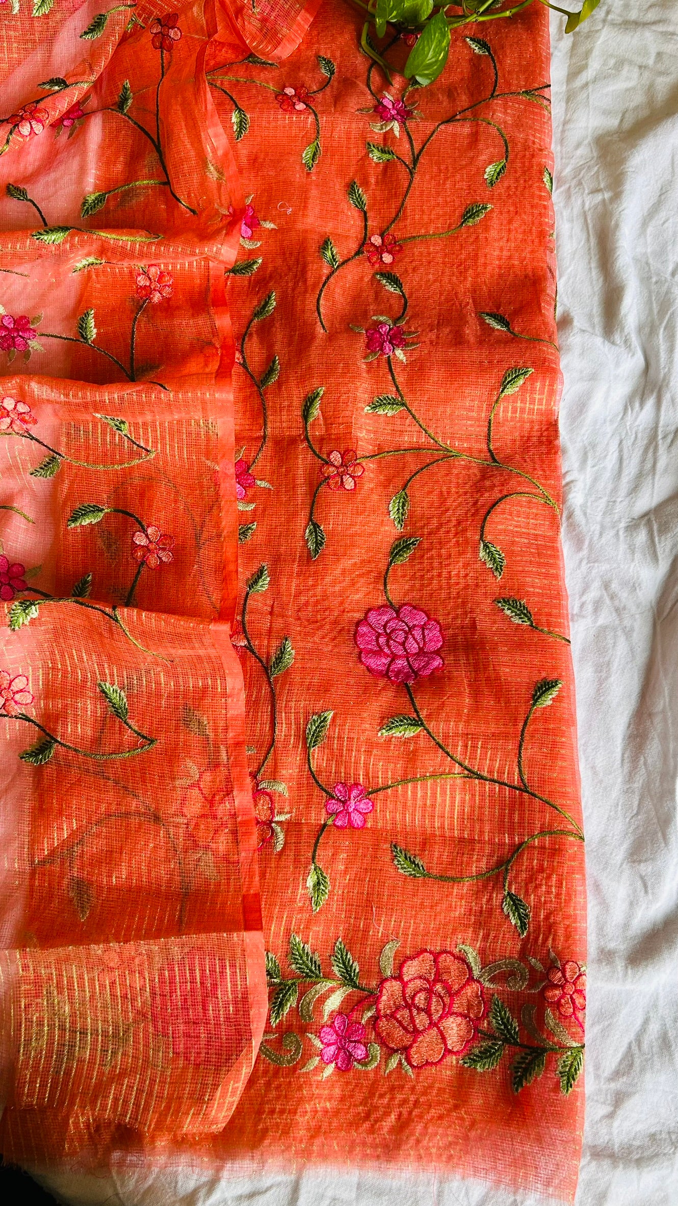 Kota Doria Embroidered Suit Set In orange (unstitched)