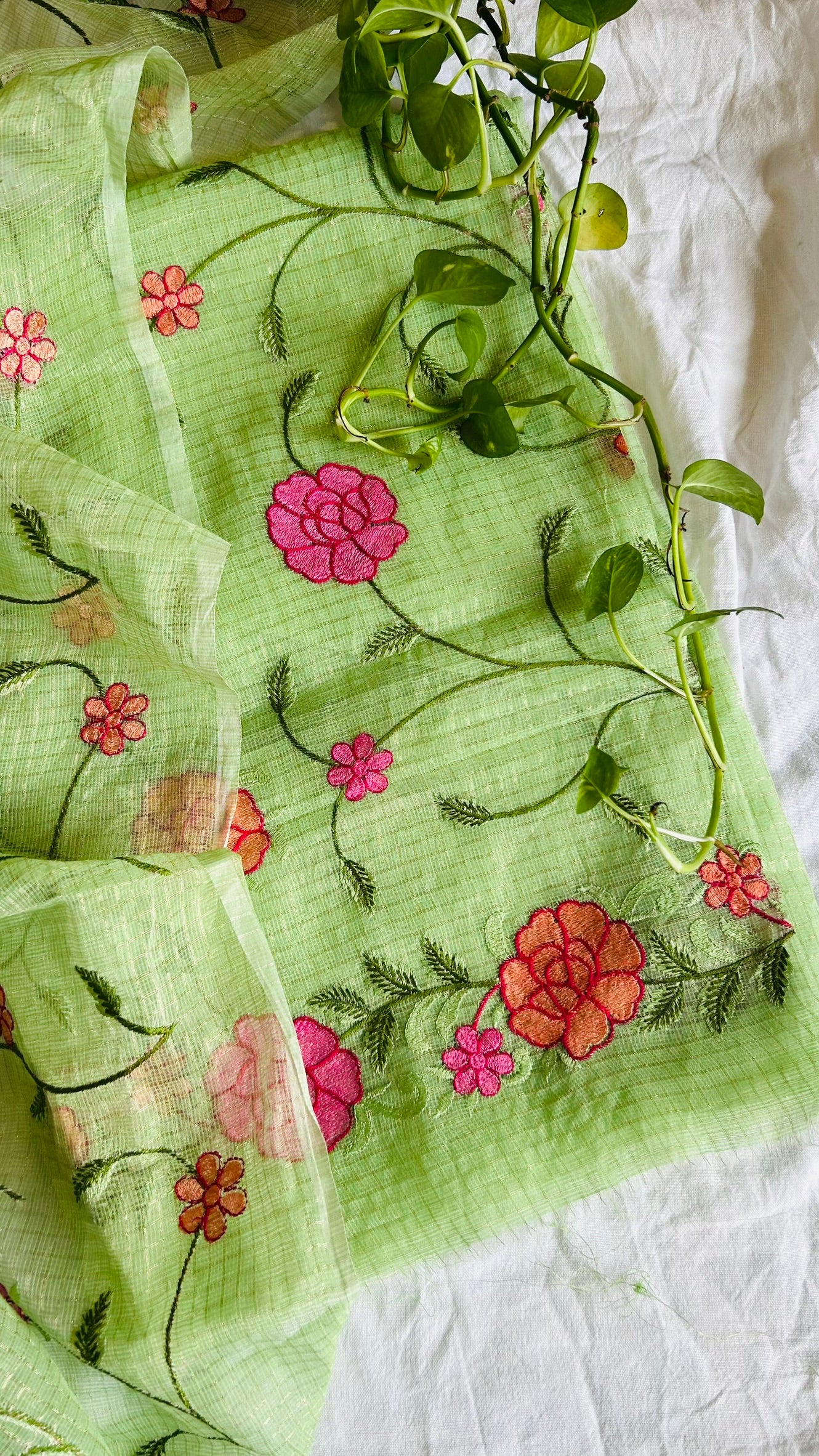 Kota Doria Embroidered Suit Set In Green (unstitched)