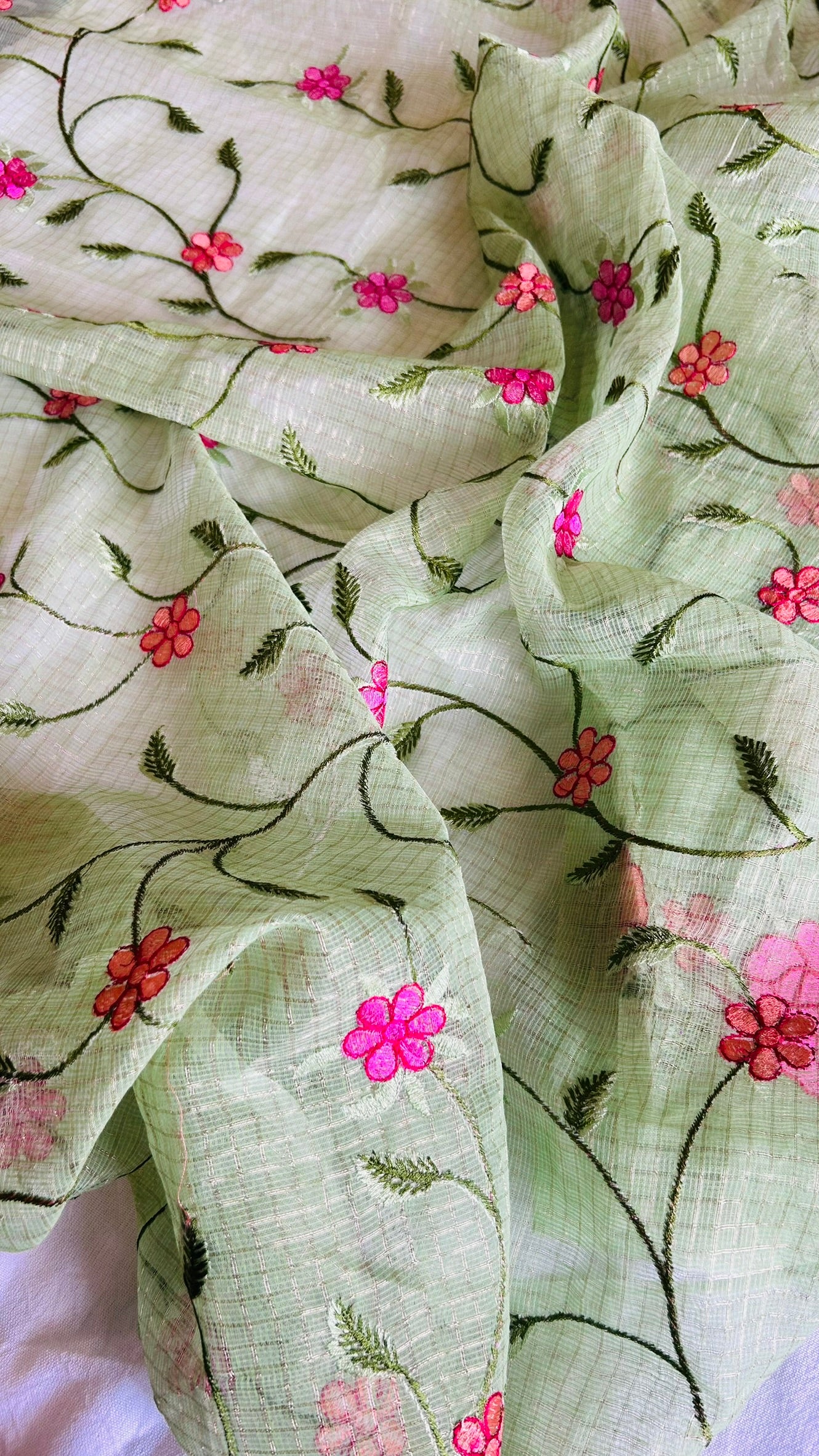 Kota Doria Embroidered Suit Set In Green (unstitched)