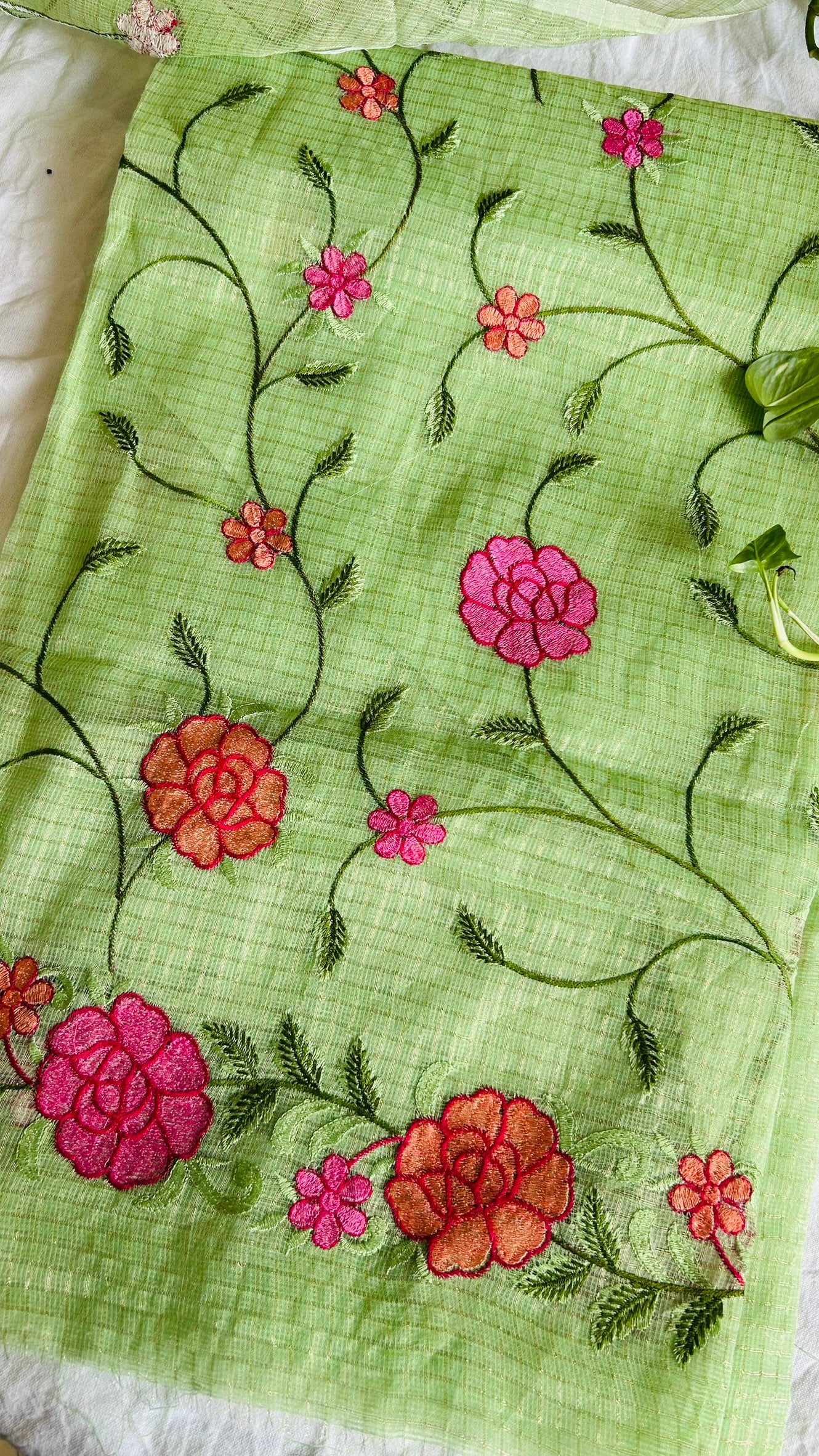 Kota Doria Embroidered Suit Set In Green (unstitched)