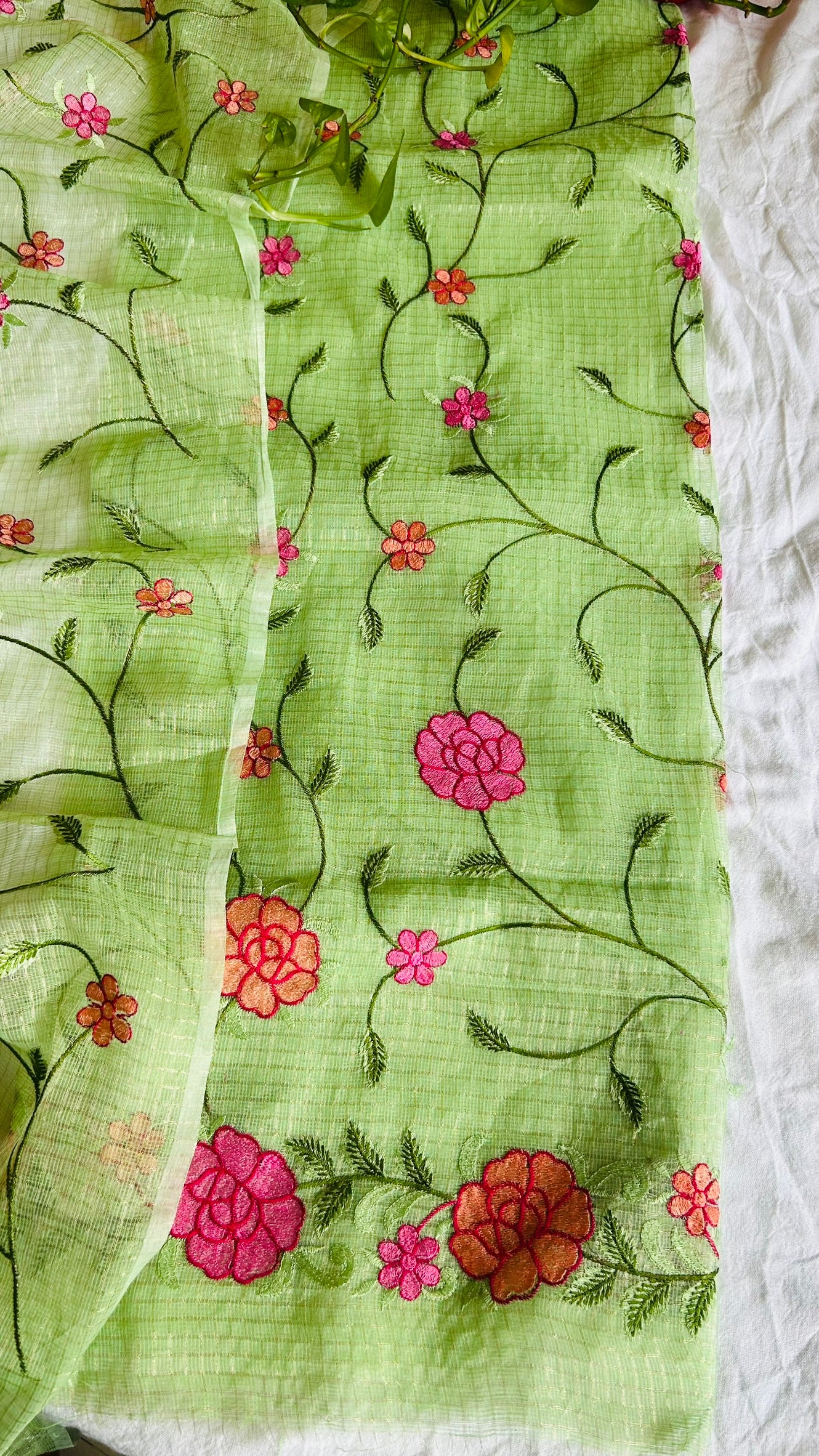 Kota Doria Embroidered Suit Set In Green (unstitched)