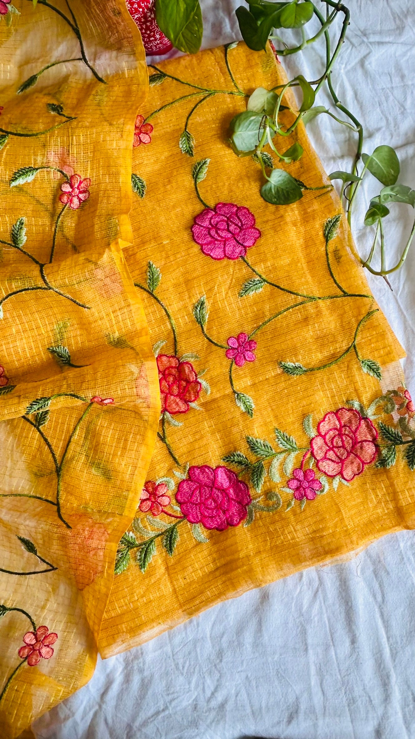 Kota Doria Embroidered Suit Set In Yellow (unstitched)