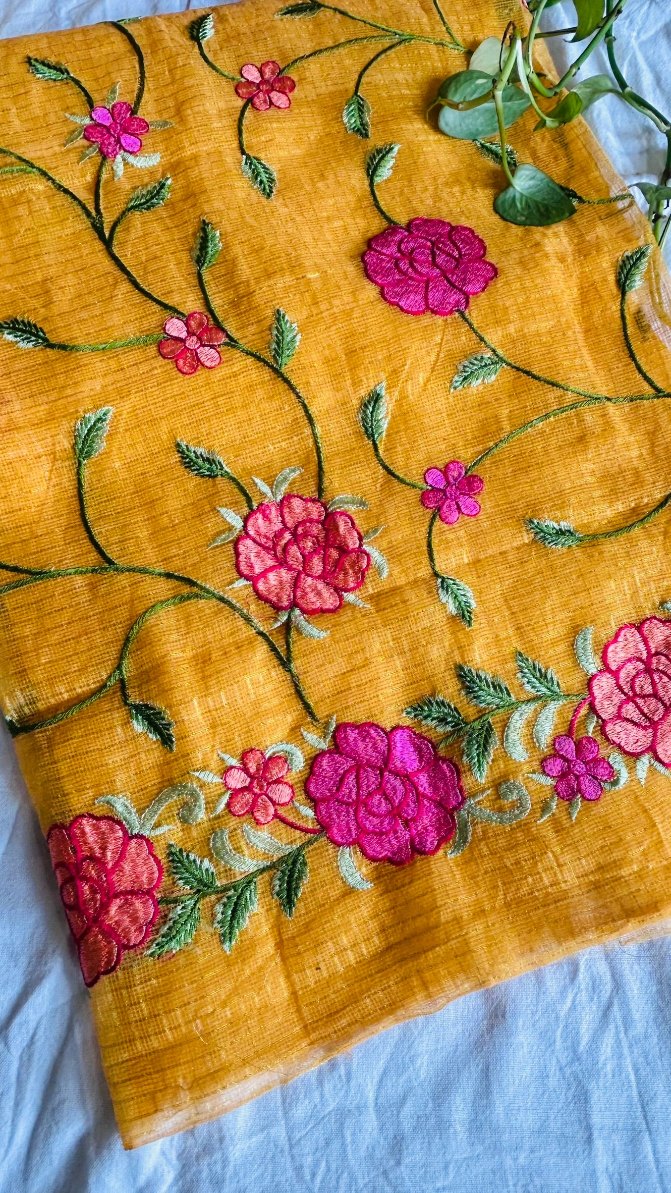 Kota Doria Embroidered Suit Set In Yellow (unstitched)