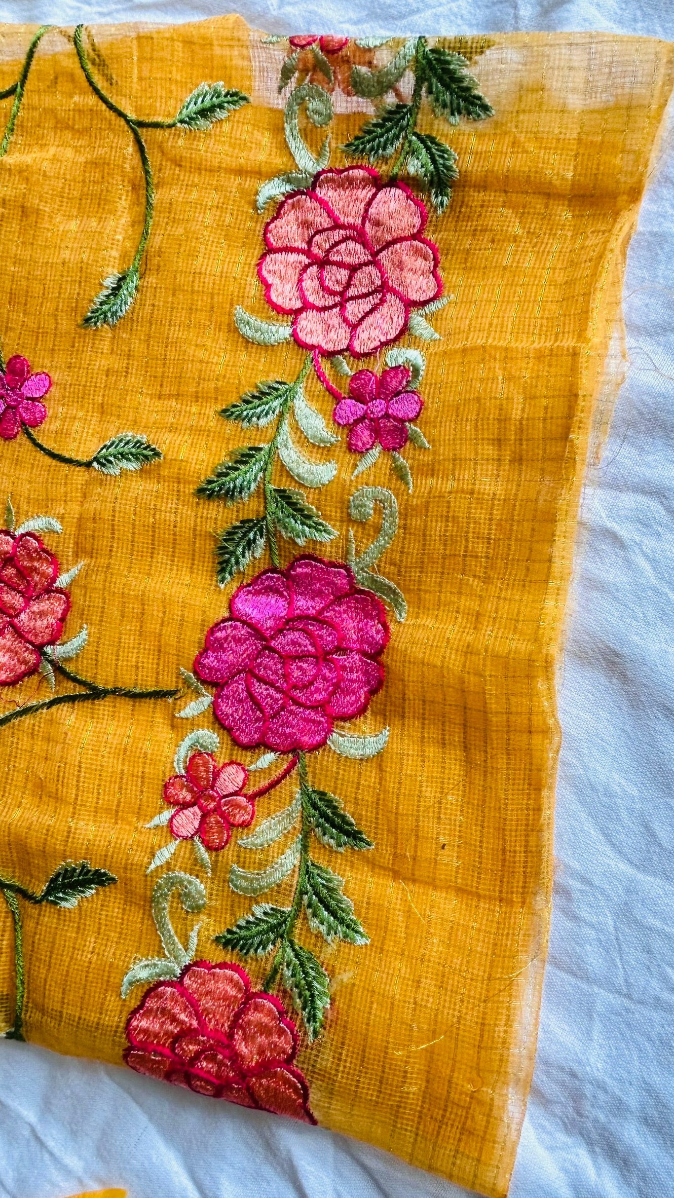 Kota Doria Embroidered Suit Set In Yellow (unstitched)